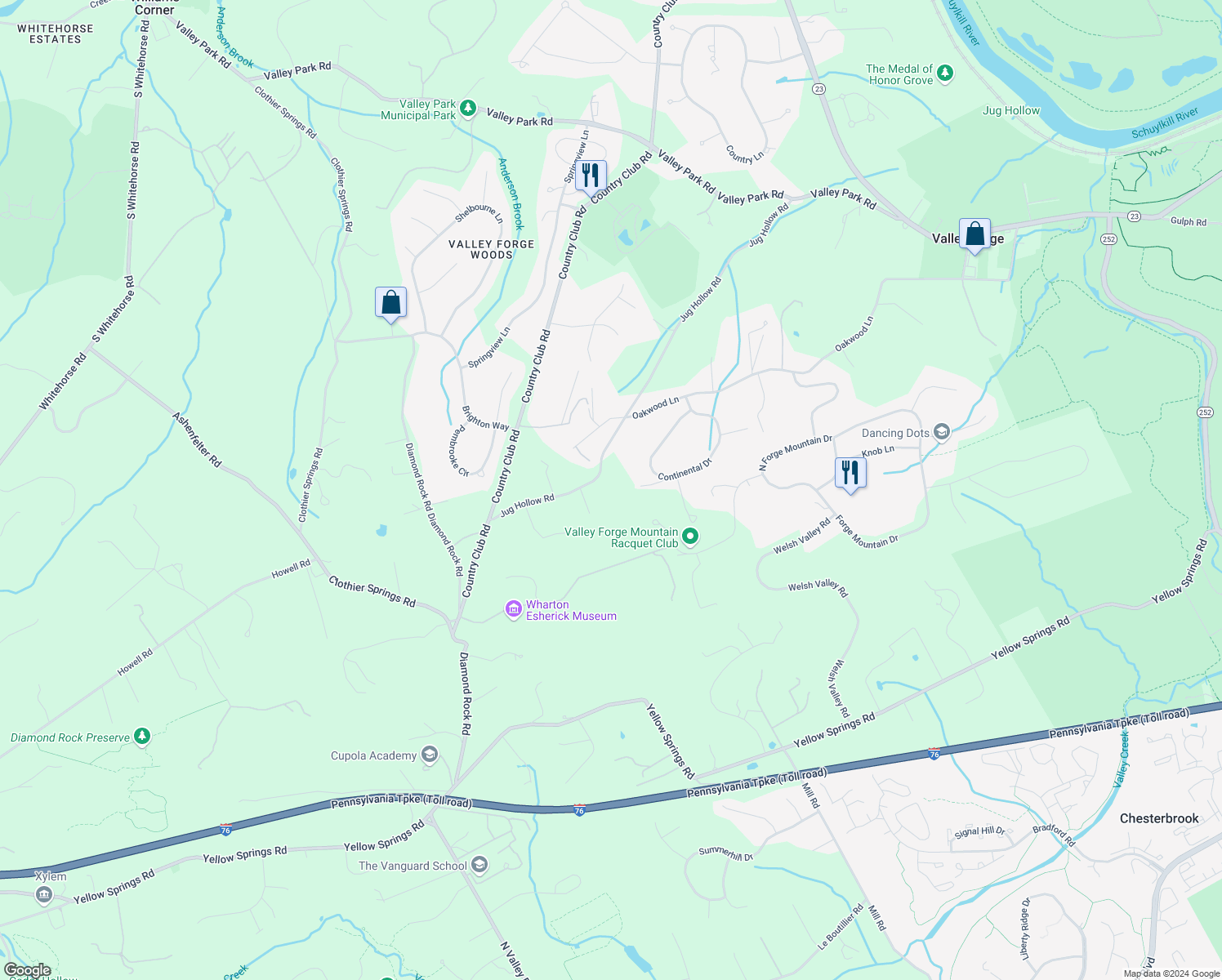 map of restaurants, bars, coffee shops, grocery stores, and more near 250 Jug Hollow Road in Phoenixville