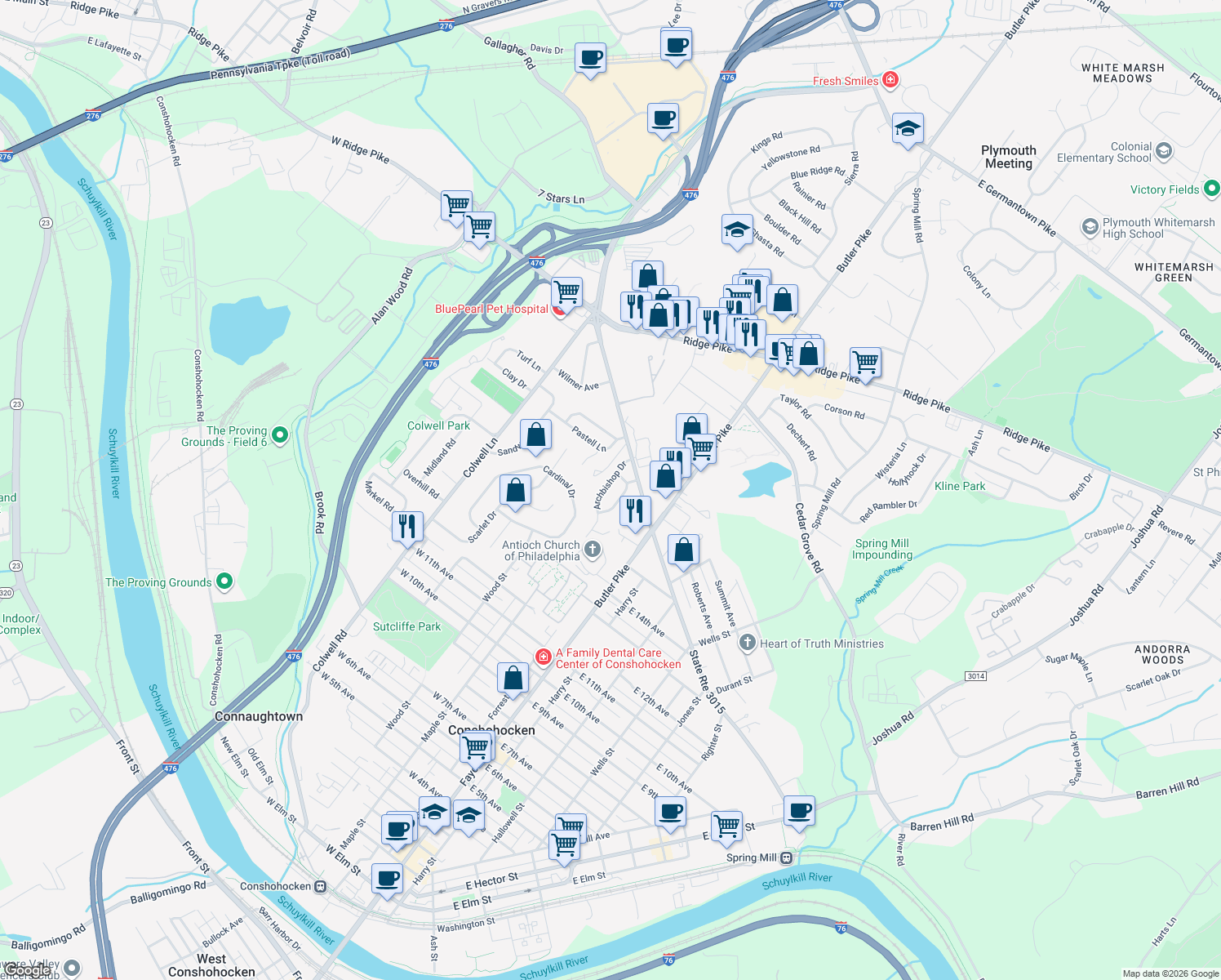 map of restaurants, bars, coffee shops, grocery stores, and more near 112 Archbishop Drive in Conshohocken