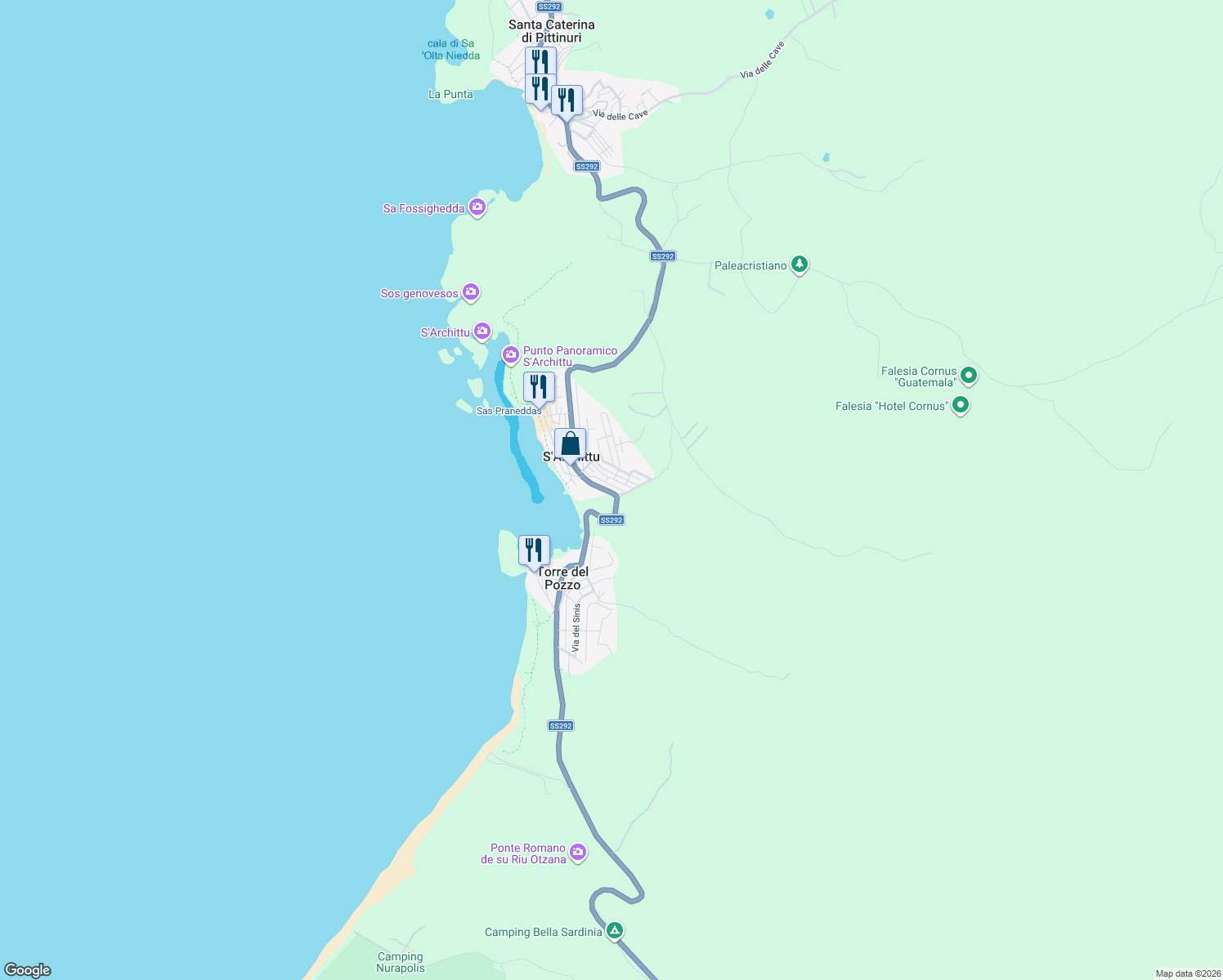 map of restaurants, bars, coffee shops, grocery stores, and more near 56 Strada Statale 292 Nord Occidentale Sarda in S'Archittu