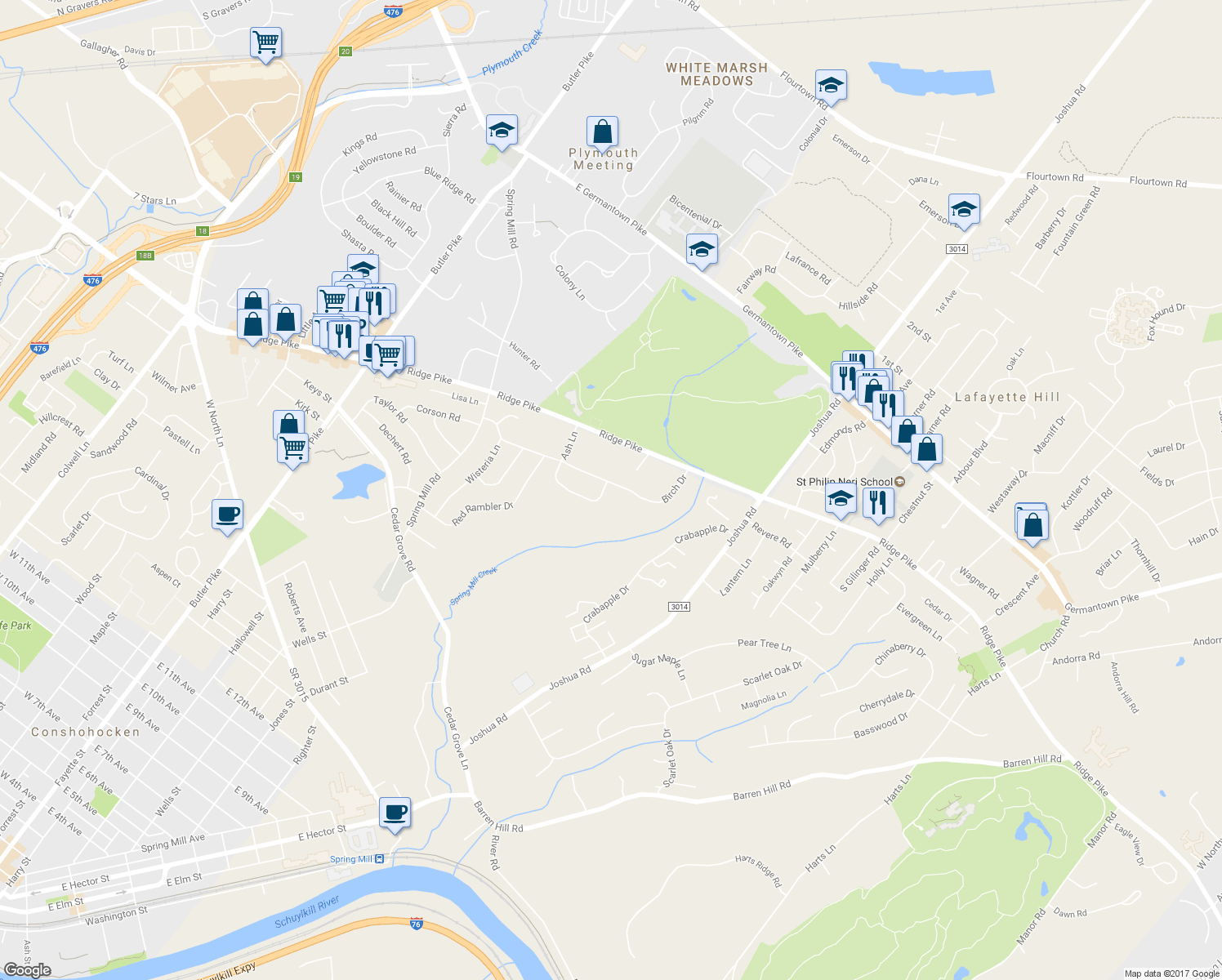 map of restaurants, bars, coffee shops, grocery stores, and more near 260 Birch Drive in Lafayette Hill