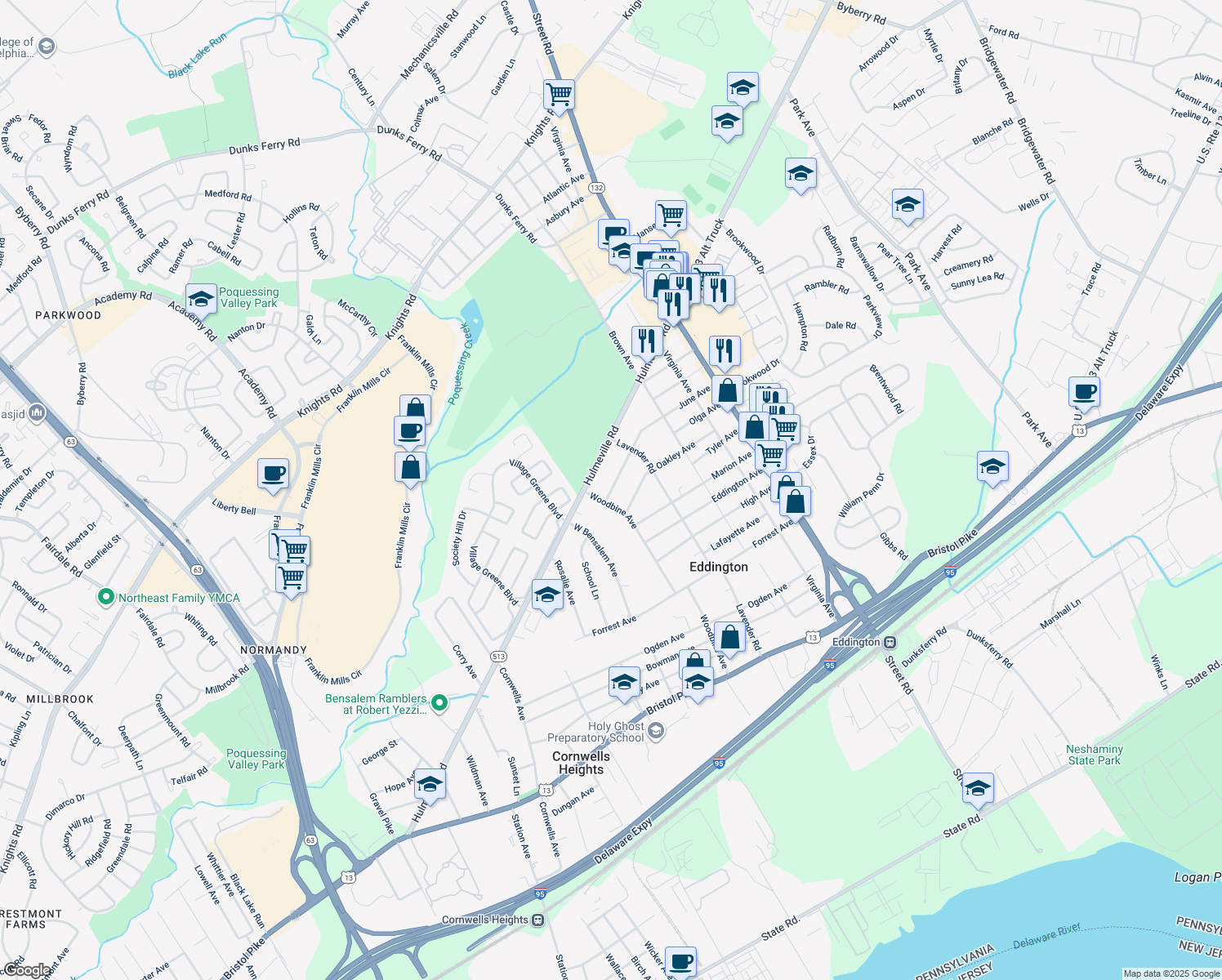 map of restaurants, bars, coffee shops, grocery stores, and more near 2575 June Avenue in Bensalem