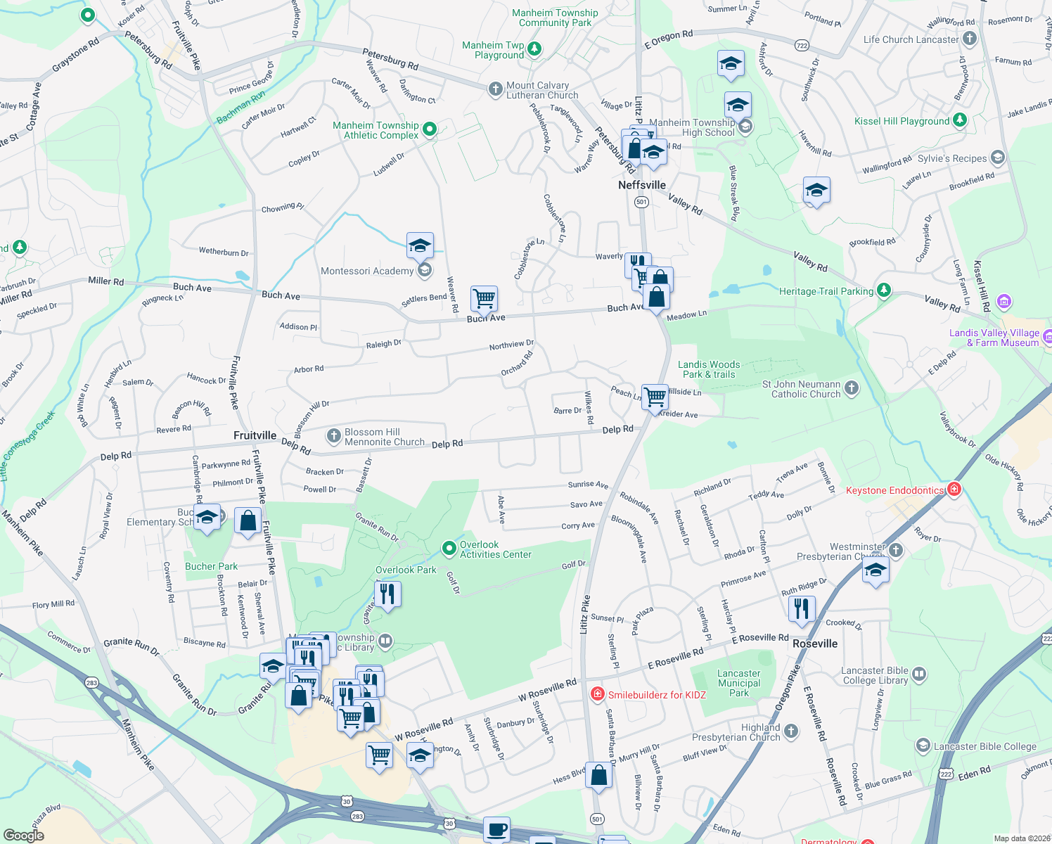 map of restaurants, bars, coffee shops, grocery stores, and more near 36 Blossom Hill Dr in Lancaster