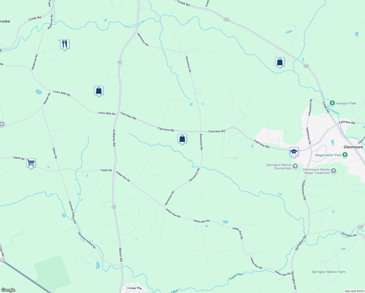 map of restaurants, bars, coffee shops, grocery stores, and more near 160 Fairview Road in Glenmoore