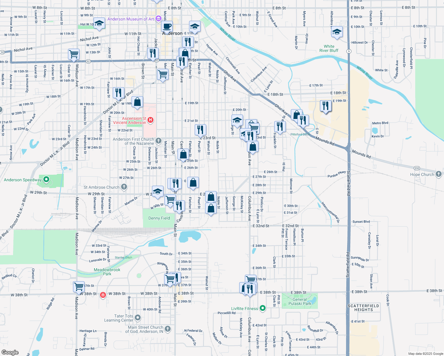 map of restaurants, bars, coffee shops, grocery stores, and more near 613 E 27th St in Anderson
