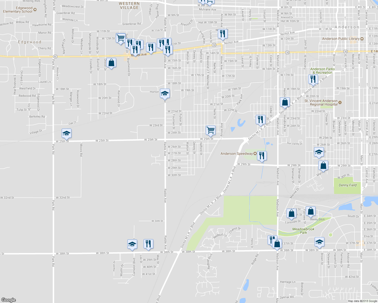map of restaurants, bars, coffee shops, grocery stores, and more near 2612 Walton Street in Anderson