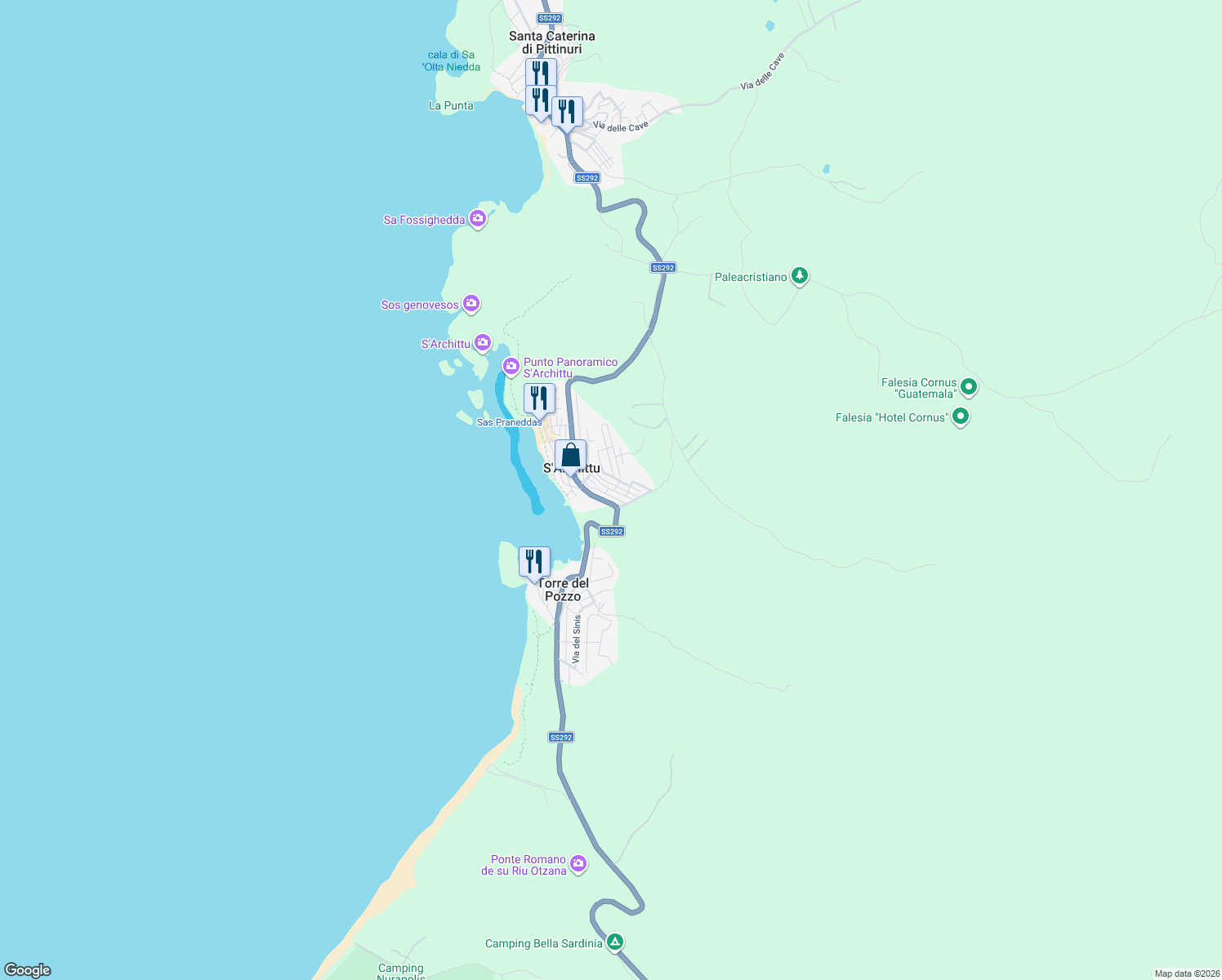 map of restaurants, bars, coffee shops, grocery stores, and more near 56 Strada Statale 292 Nord Occidentale Sarda in S'Archittu