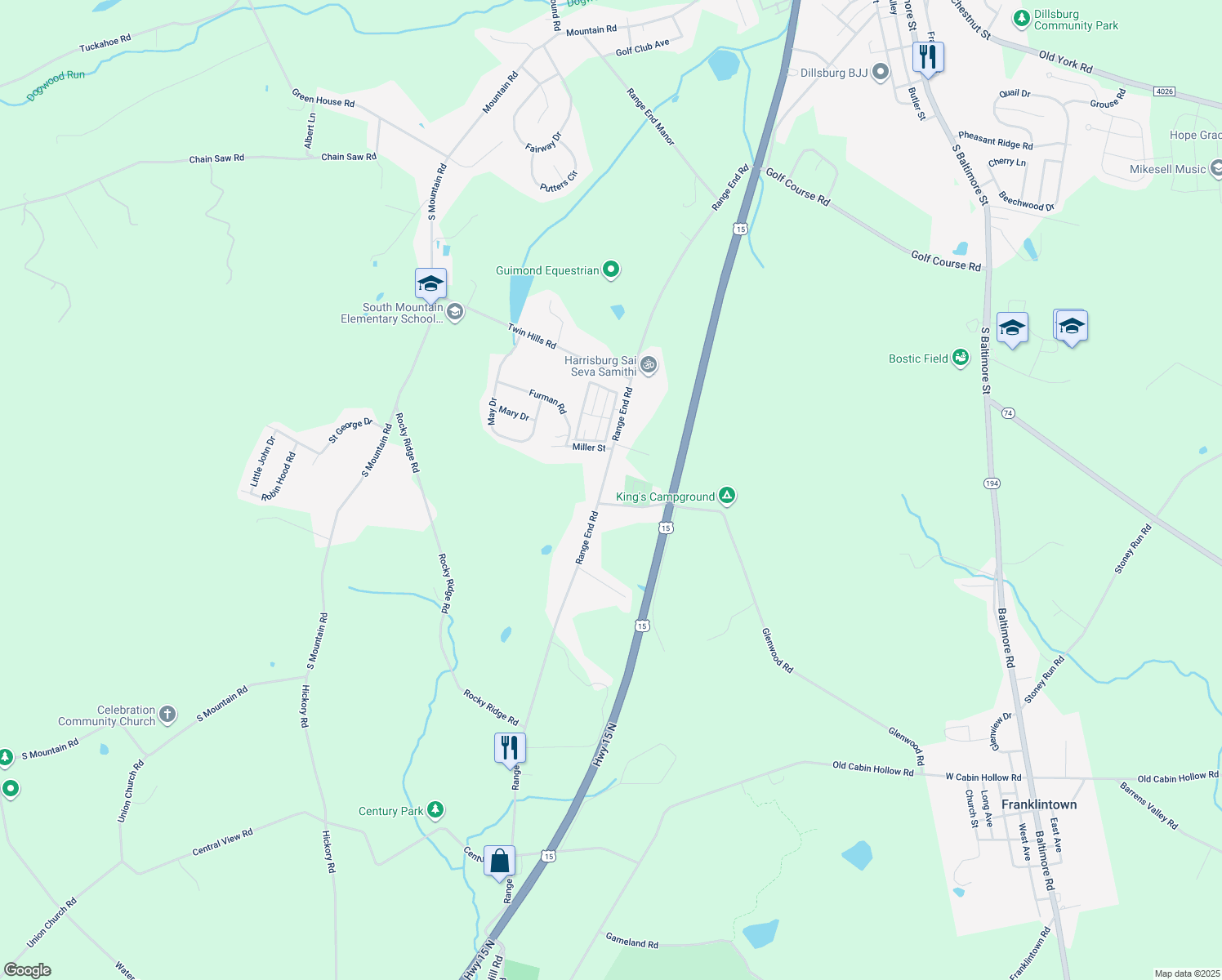 map of restaurants, bars, coffee shops, grocery stores, and more near 633 Range End Road in Dillsburg