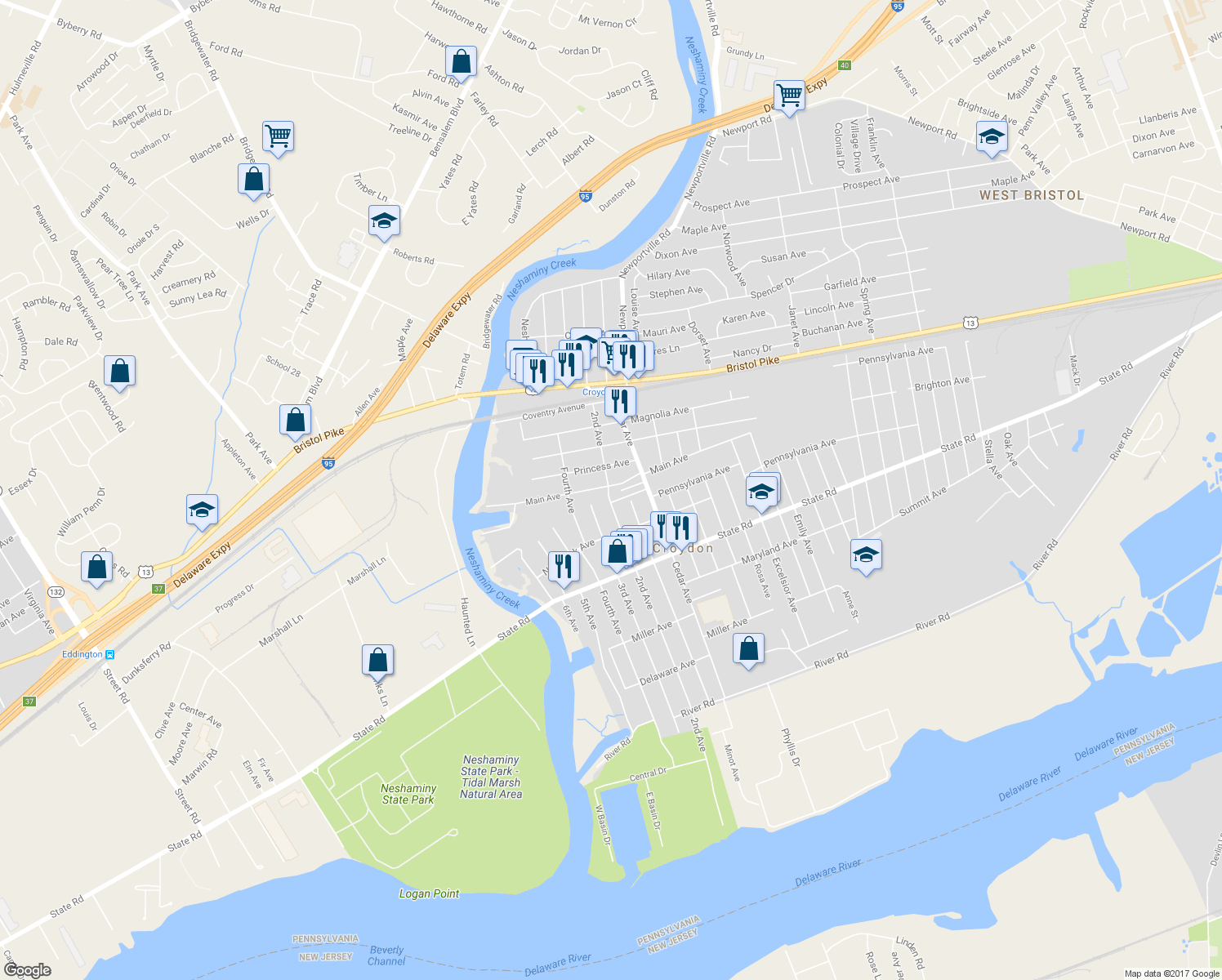 map of restaurants, bars, coffee shops, grocery stores, and more near 600 Main Avenue in Croydon