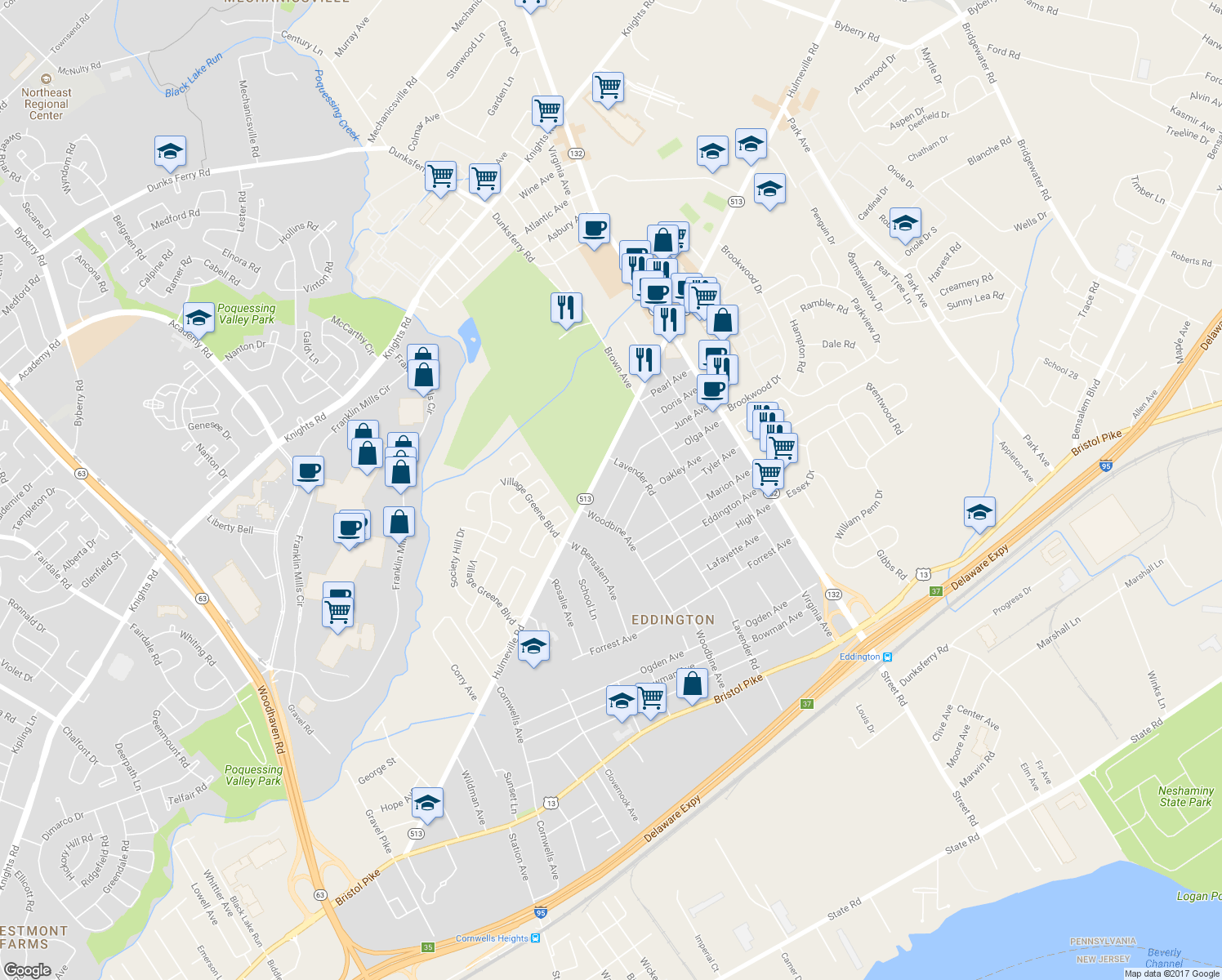 map of restaurants, bars, coffee shops, grocery stores, and more near 2608 June Avenue in Bensalem