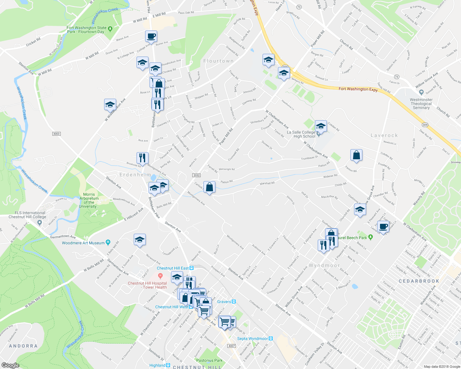 map of restaurants, bars, coffee shops, grocery stores, and more near 8816 Patton Road in Wyndmoor