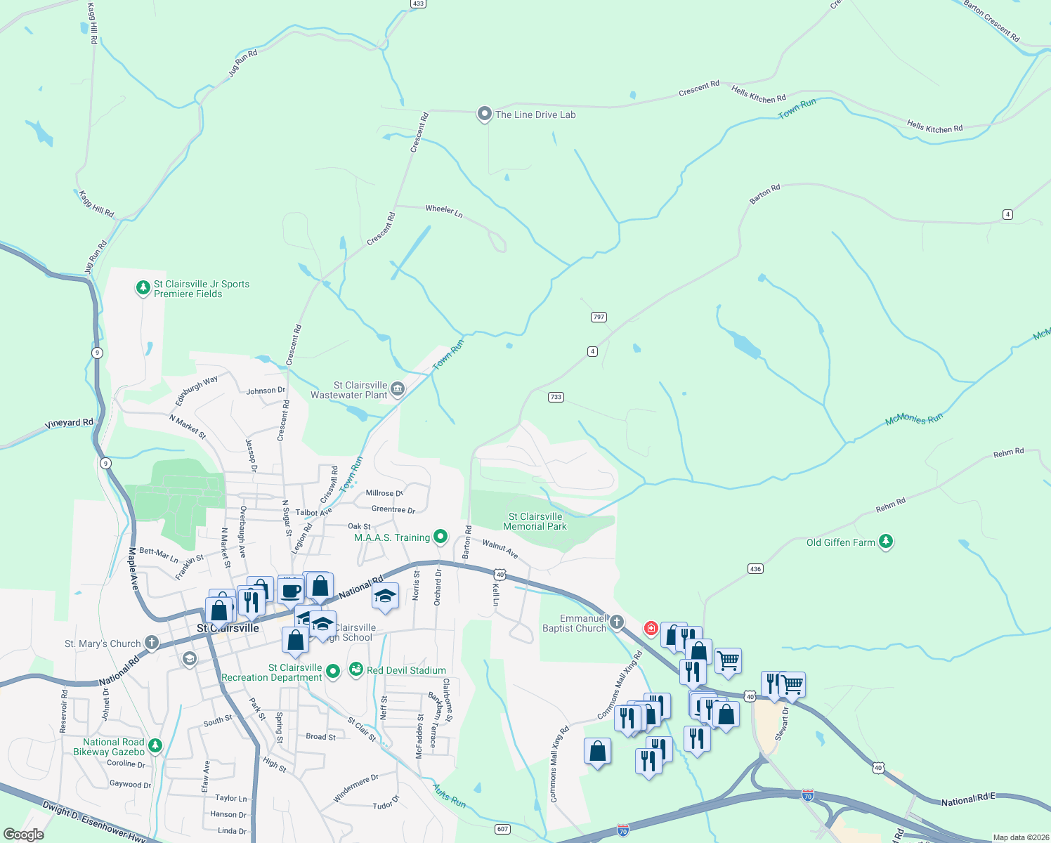 map of restaurants, bars, coffee shops, grocery stores, and more near 50189 Cindy Drive in St. Clairsville