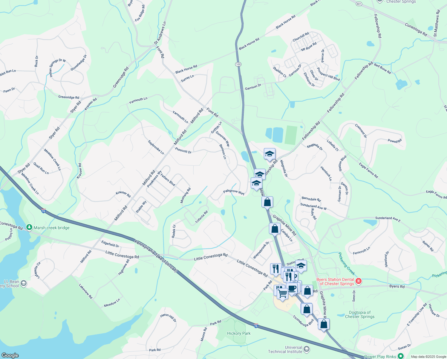 map of restaurants, bars, coffee shops, grocery stores, and more near 219 Prescott Drive in Chester Springs