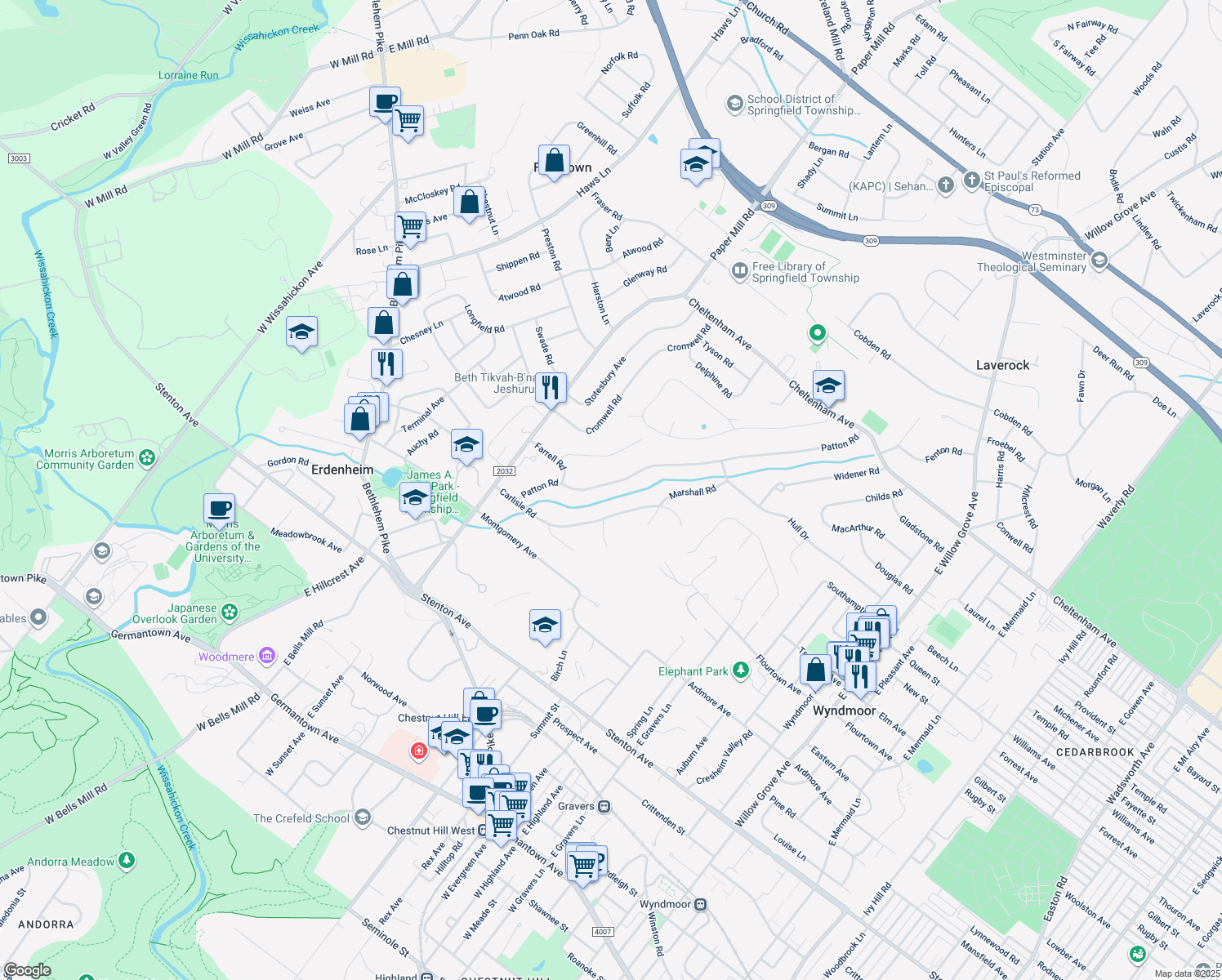map of restaurants, bars, coffee shops, grocery stores, and more near 8812 Patton Road in Wyndmoor