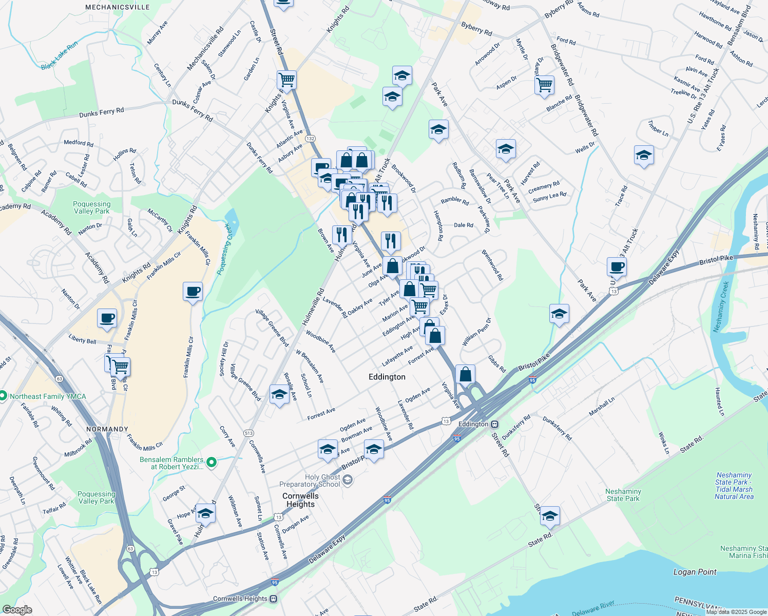 map of restaurants, bars, coffee shops, grocery stores, and more near 2843 Tyler Avenue in Bensalem