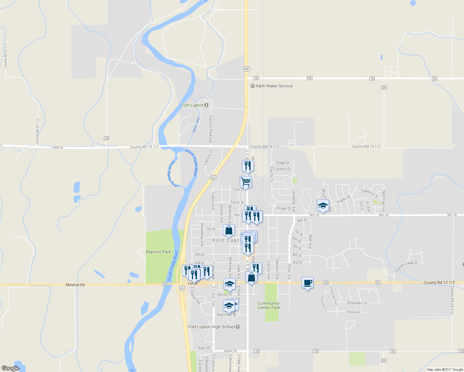 map of restaurants, bars, coffee shops, grocery stores, and more near 1120 McKinley Avenue in Fort Lupton
