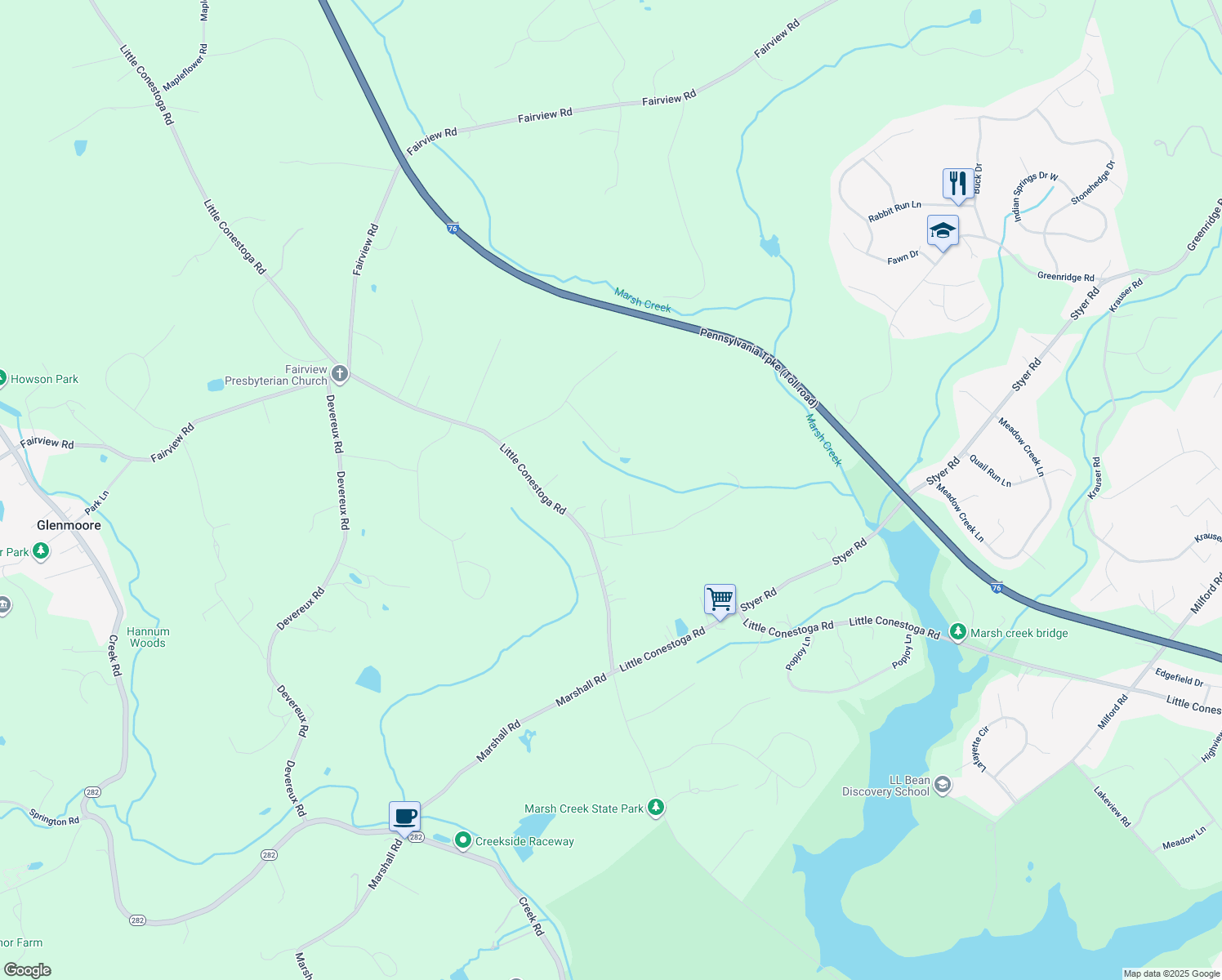 map of restaurants, bars, coffee shops, grocery stores, and more near 11 Seminary Road in Glenmoore