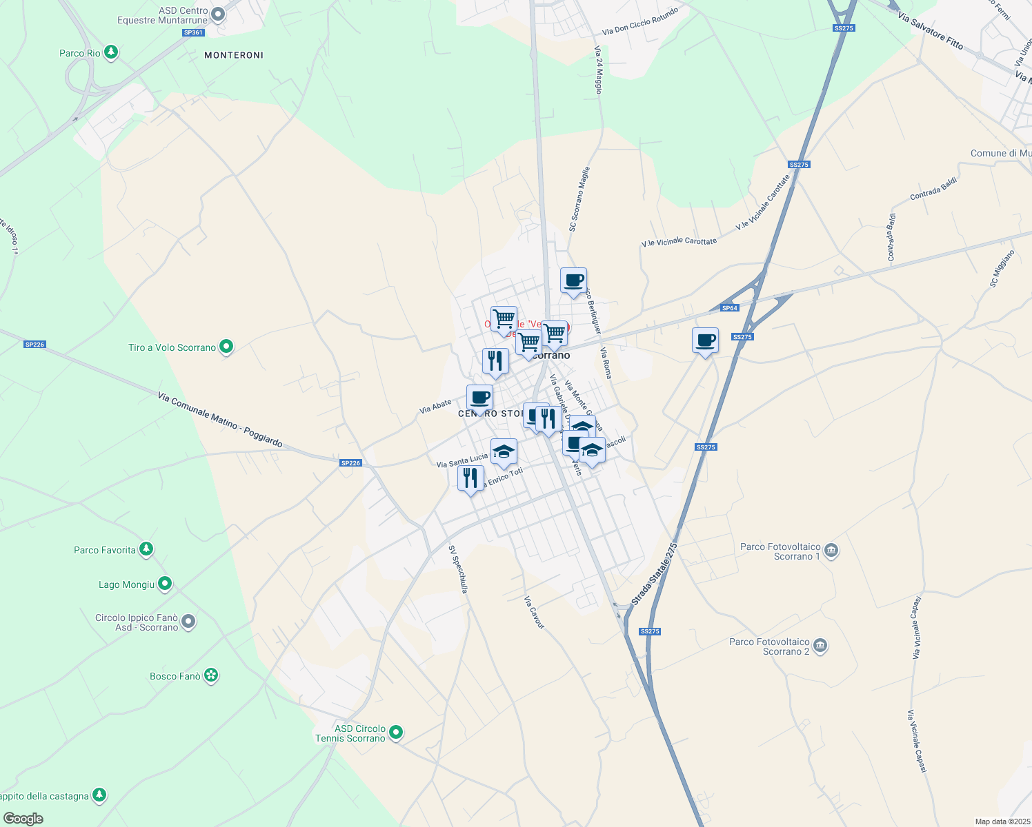 map of restaurants, bars, coffee shops, grocery stores, and more near 57 Piazza Vittorio Emanuele in Scorrano