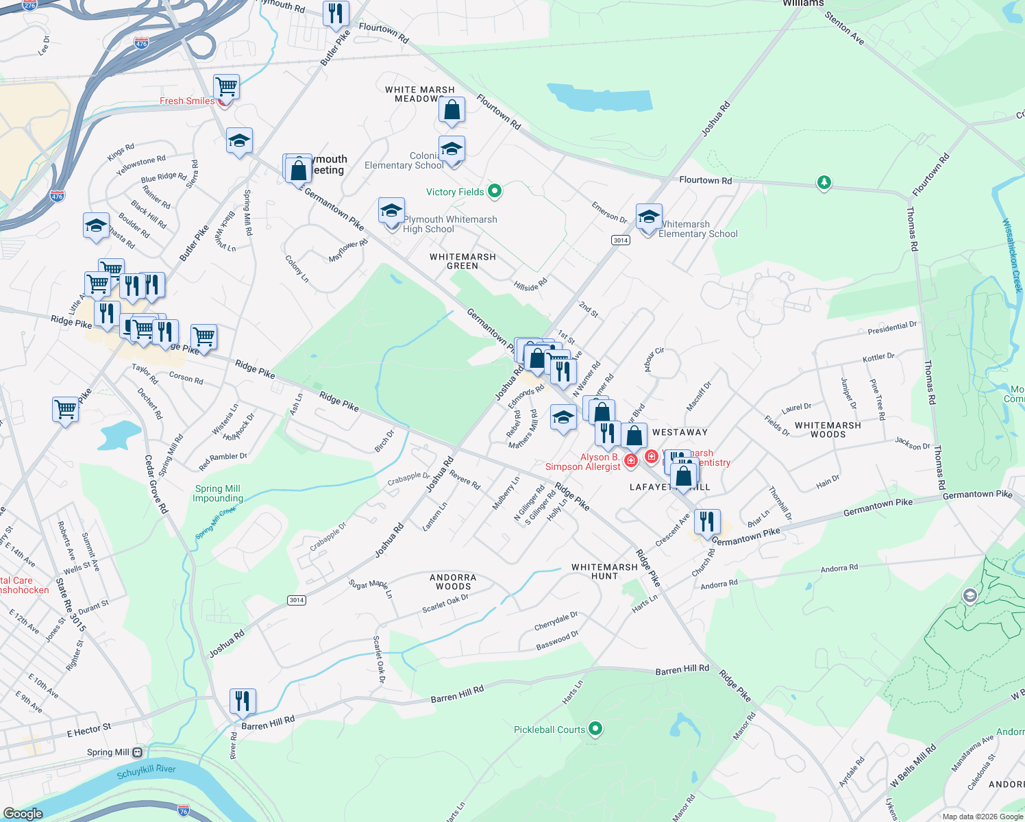 map of restaurants, bars, coffee shops, grocery stores, and more near 3022 Edmonds Rd in Lafayette Hill