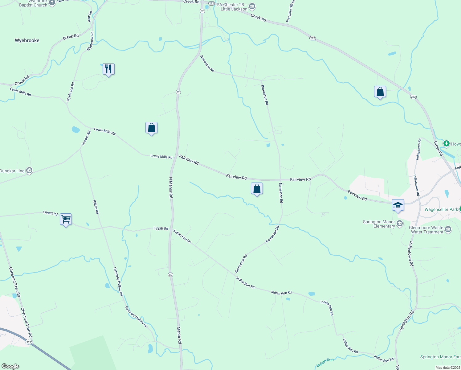 map of restaurants, bars, coffee shops, grocery stores, and more near 100 Fairview Road in Glenmoore