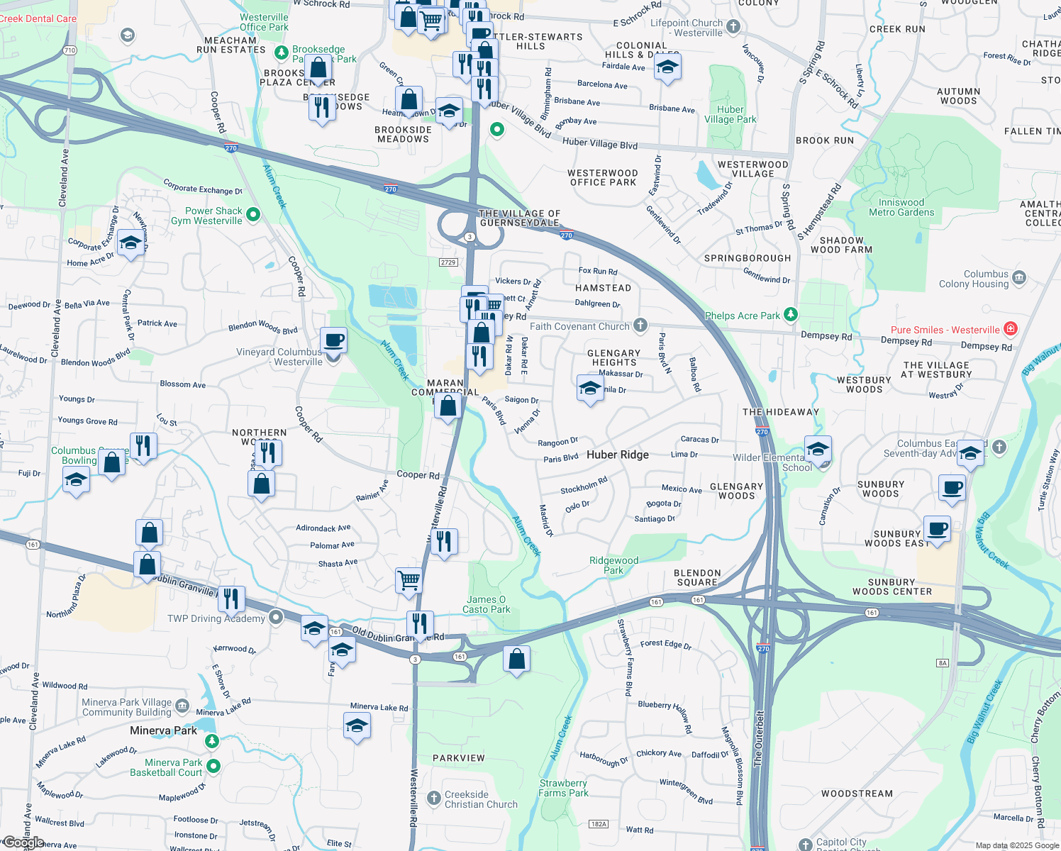 map of restaurants, bars, coffee shops, grocery stores, and more near 3501 Canberra Court in Westerville