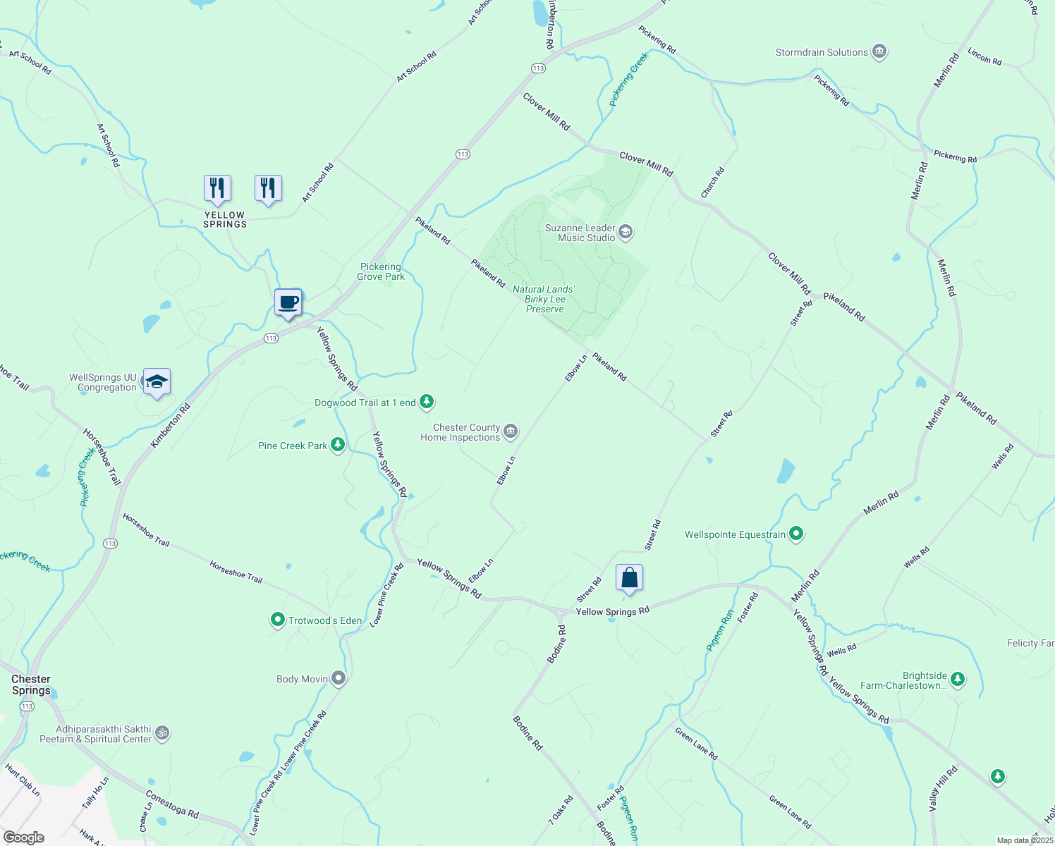 map of restaurants, bars, coffee shops, grocery stores, and more near 1373 Elbow Lane in Chester Springs