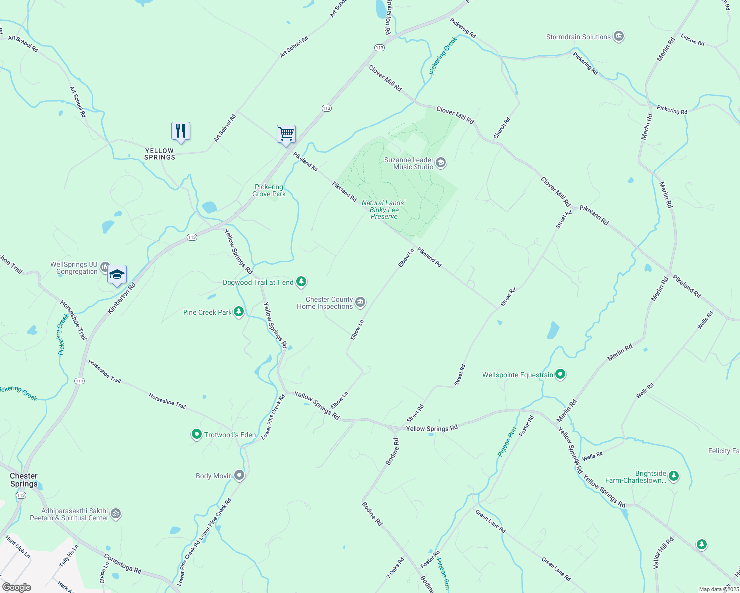 map of restaurants, bars, coffee shops, grocery stores, and more near 1373 Elbow Lane in Chester Springs
