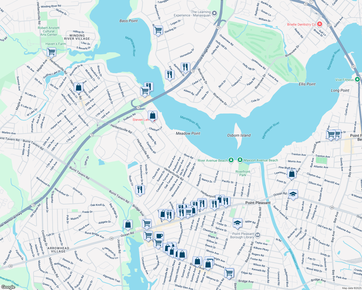 map of restaurants, bars, coffee shops, grocery stores, and more near 113 Meadow Point Road in Point Pleasant