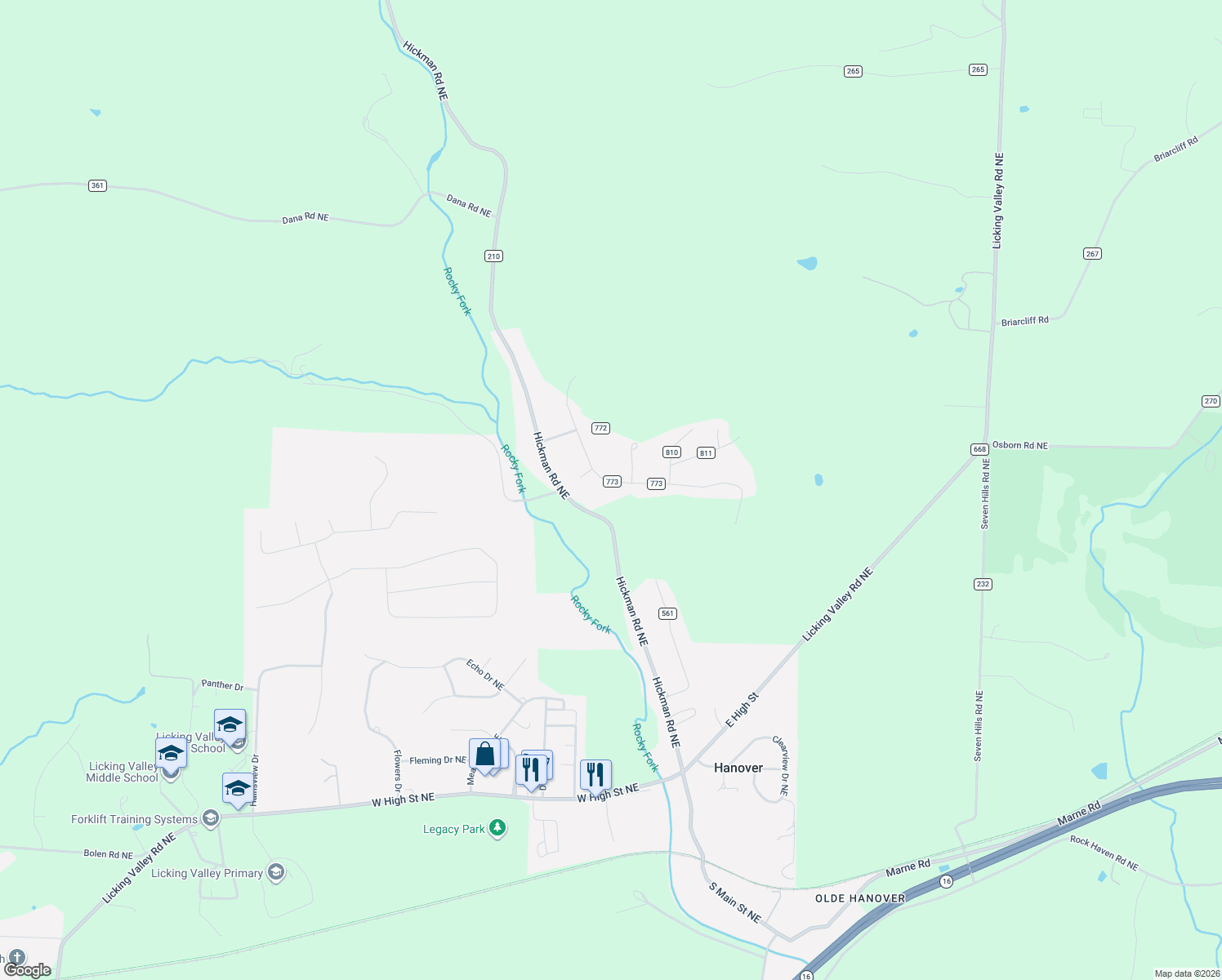 map of restaurants, bars, coffee shops, grocery stores, and more near 190 Hillandale Drive Northeast in Newark
