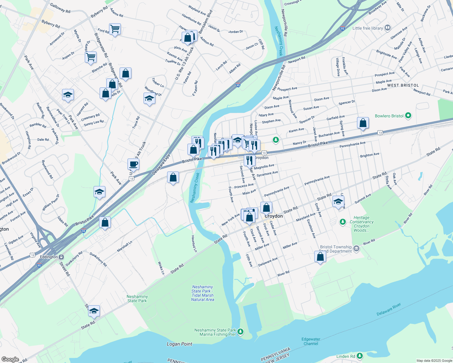 map of restaurants, bars, coffee shops, grocery stores, and more near 434 Sycamore Avenue in Croydon