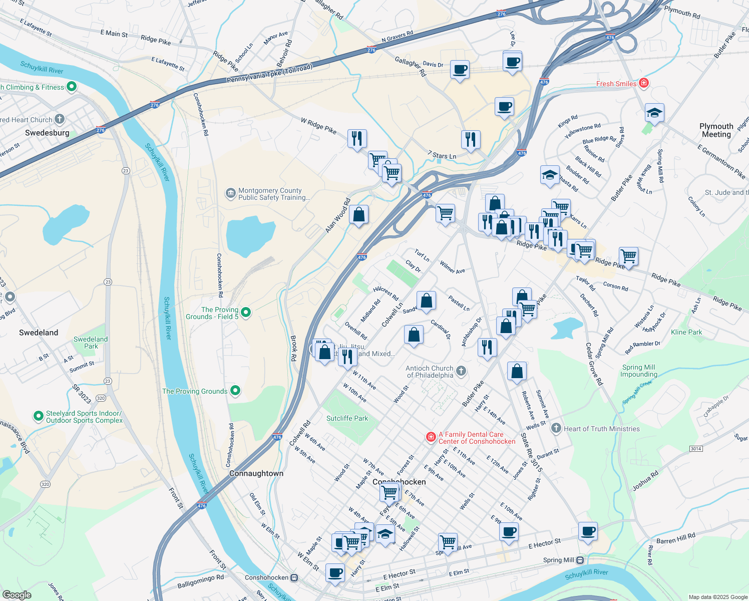 map of restaurants, bars, coffee shops, grocery stores, and more near 1342 Midland Road in Conshohocken