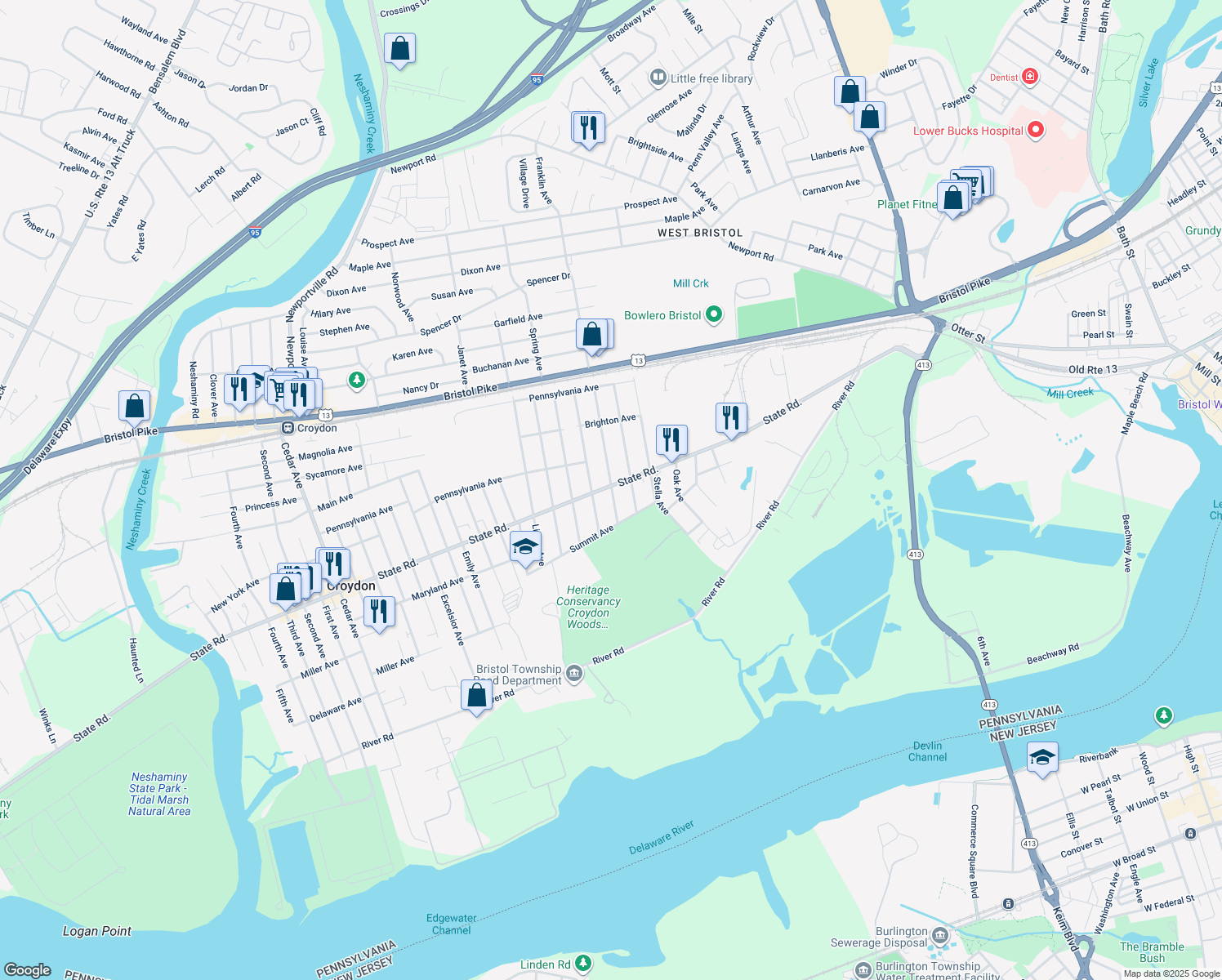 map of restaurants, bars, coffee shops, grocery stores, and more near 802 Logan Avenue in Croydon