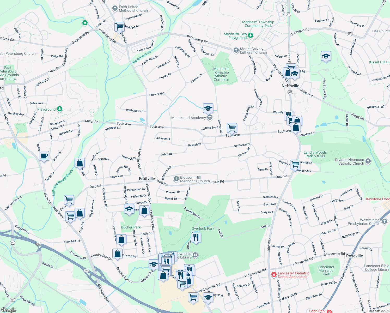 map of restaurants, bars, coffee shops, grocery stores, and more near 311 Blossom Hill Drive in Lancaster