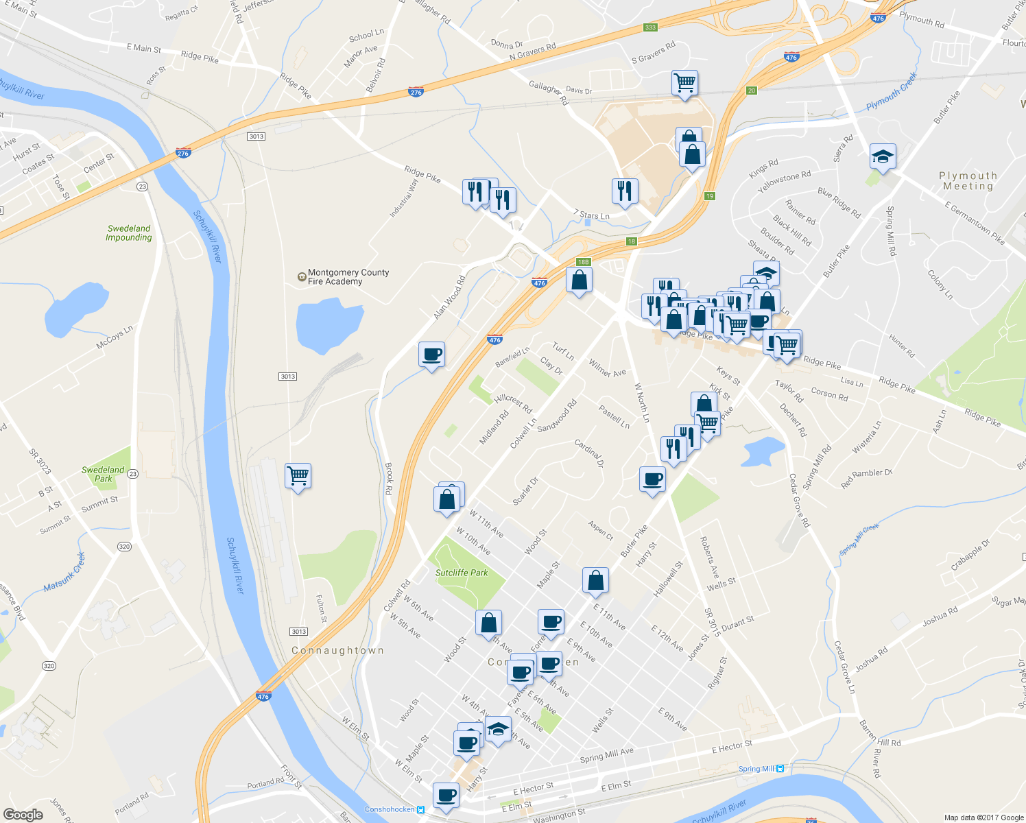 map of restaurants, bars, coffee shops, grocery stores, and more near 1353 Midland Road in Conshohocken
