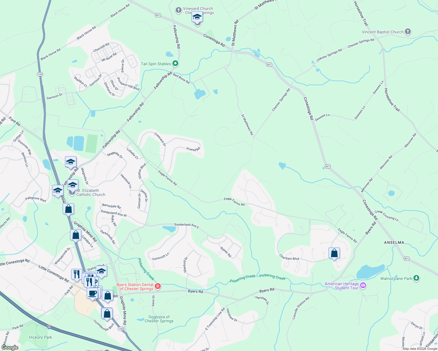 map of restaurants, bars, coffee shops, grocery stores, and more near 2651 Chester Springs Road in Chester Springs