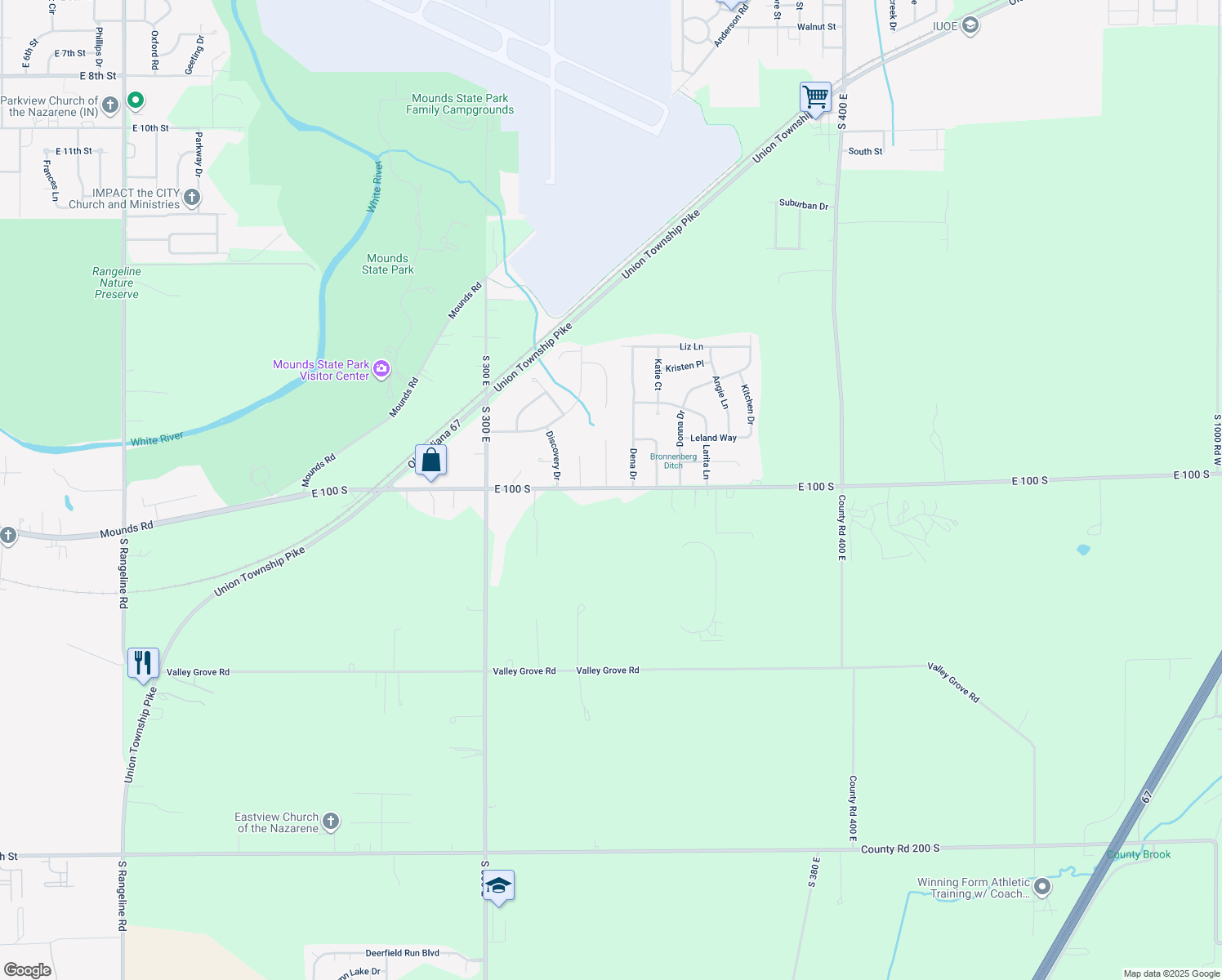 map of restaurants, bars, coffee shops, grocery stores, and more near 3345 East 100 South in Anderson
