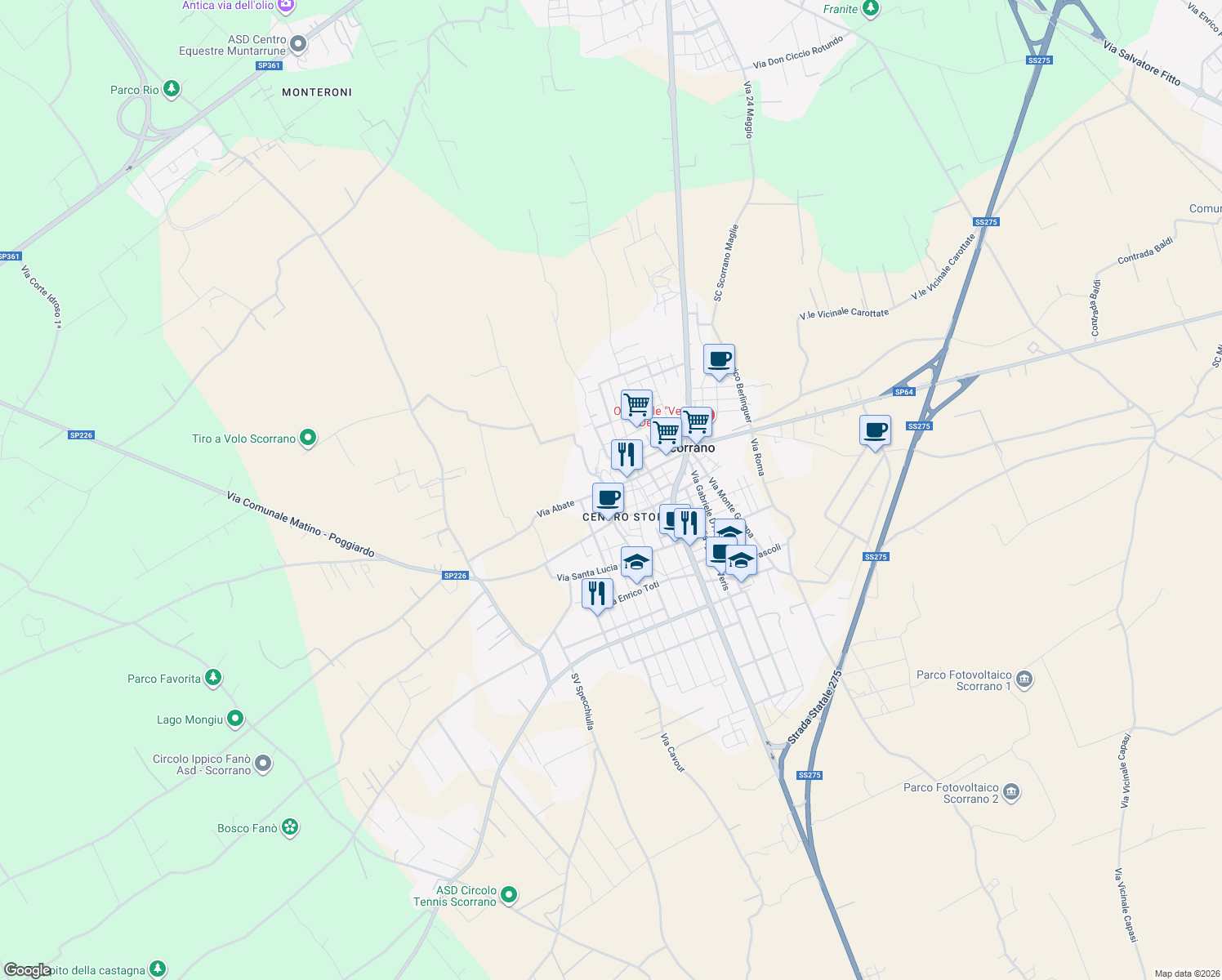 map of restaurants, bars, coffee shops, grocery stores, and more near 87 Via Marco Emilio Scauro in Scorrano
