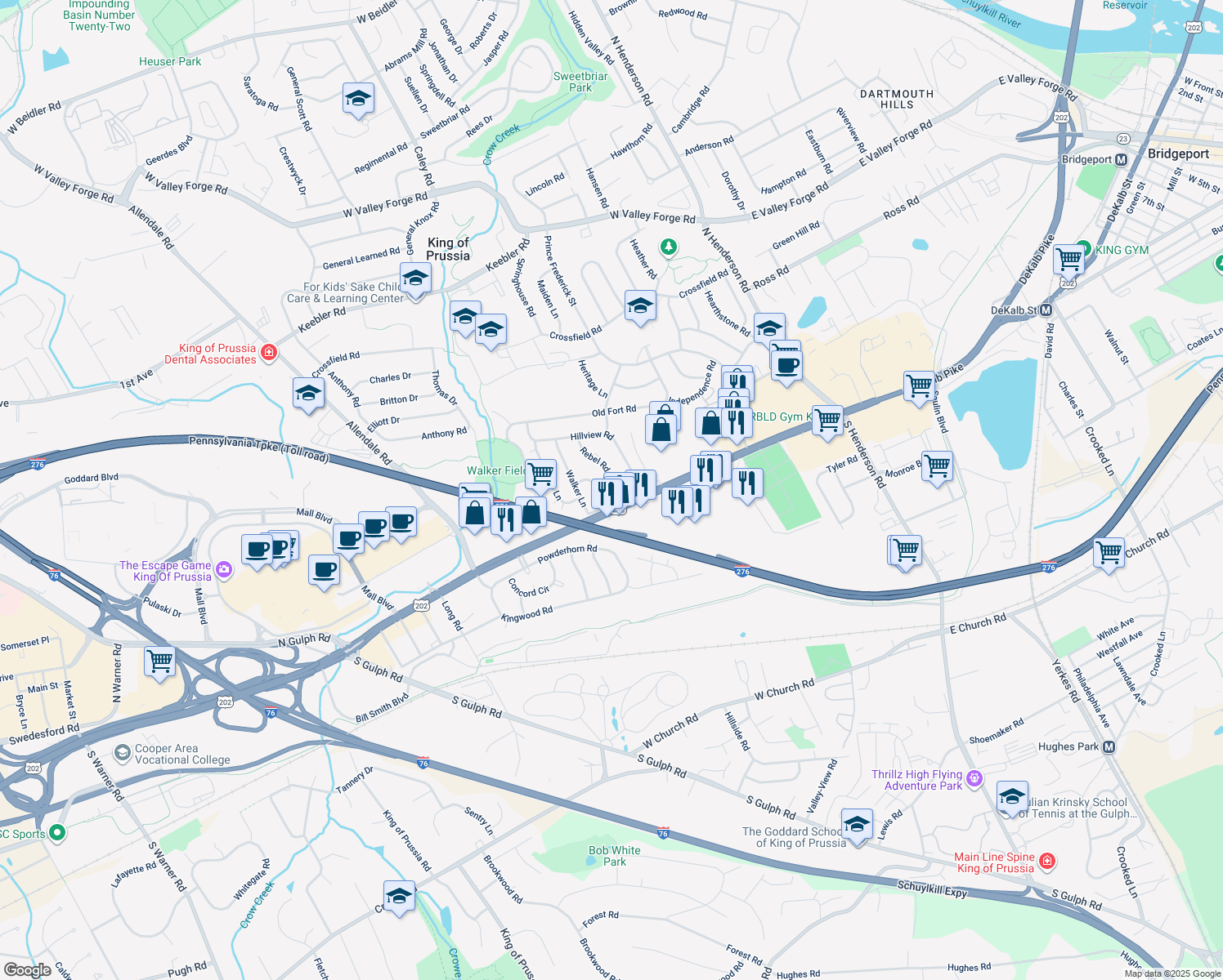 map of restaurants, bars, coffee shops, grocery stores, and more near 413 Brandywine Lane in King of Prussia
