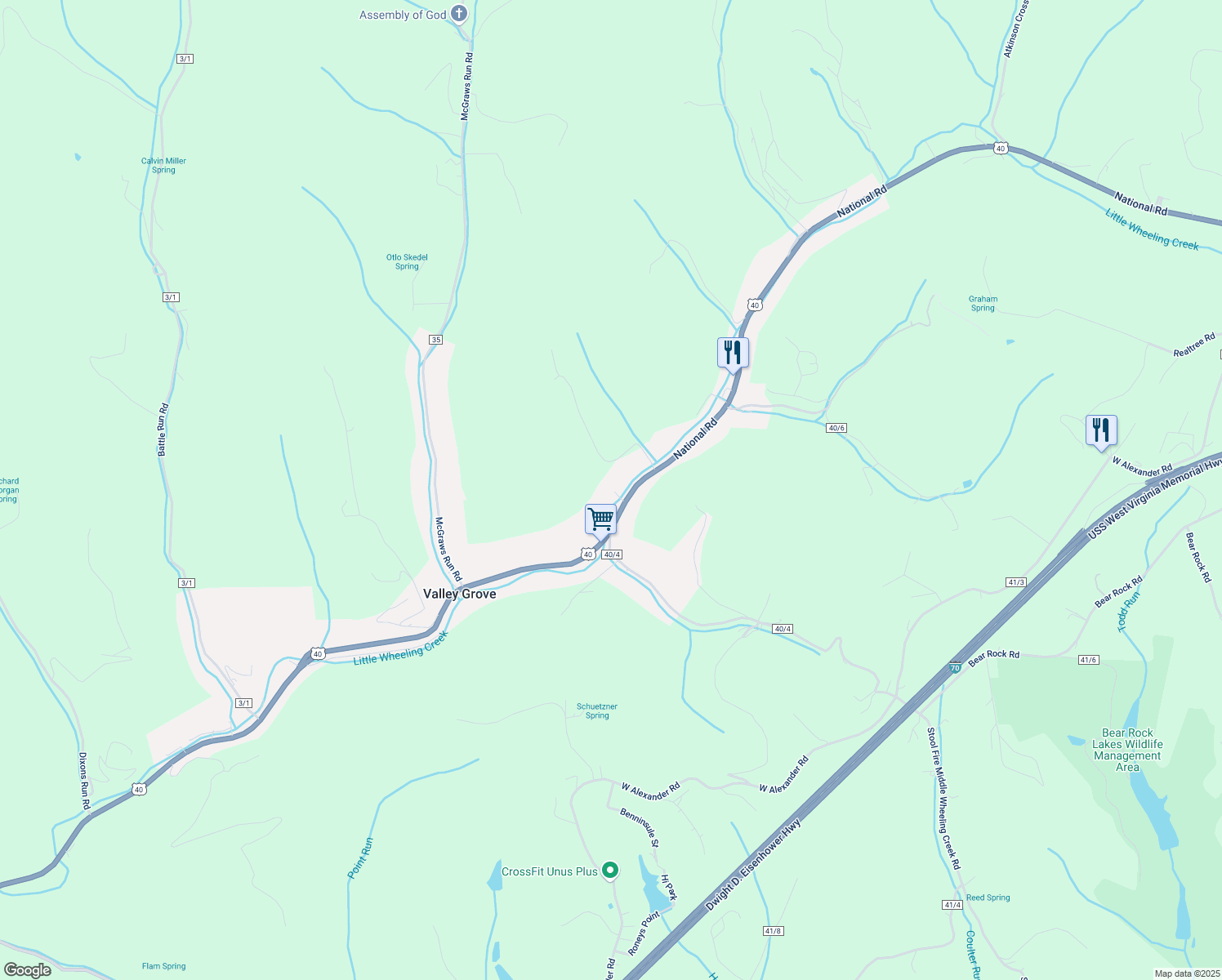 map of restaurants, bars, coffee shops, grocery stores, and more near 11939 National Rd in Valley Grove