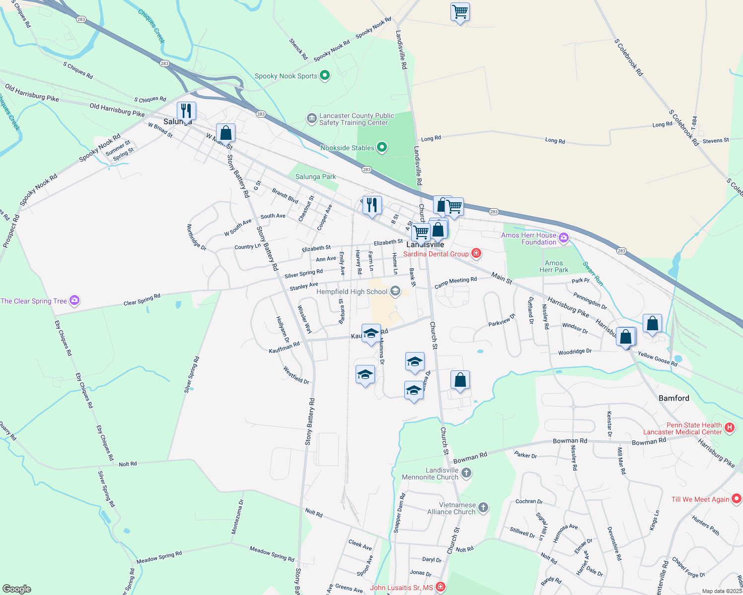 map of restaurants, bars, coffee shops, grocery stores, and more near 265 Lania Drive in Salunga-Landisville