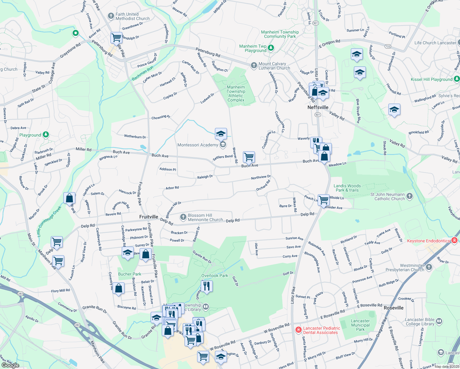 map of restaurants, bars, coffee shops, grocery stores, and more near 142 Woodside Road in Lancaster
