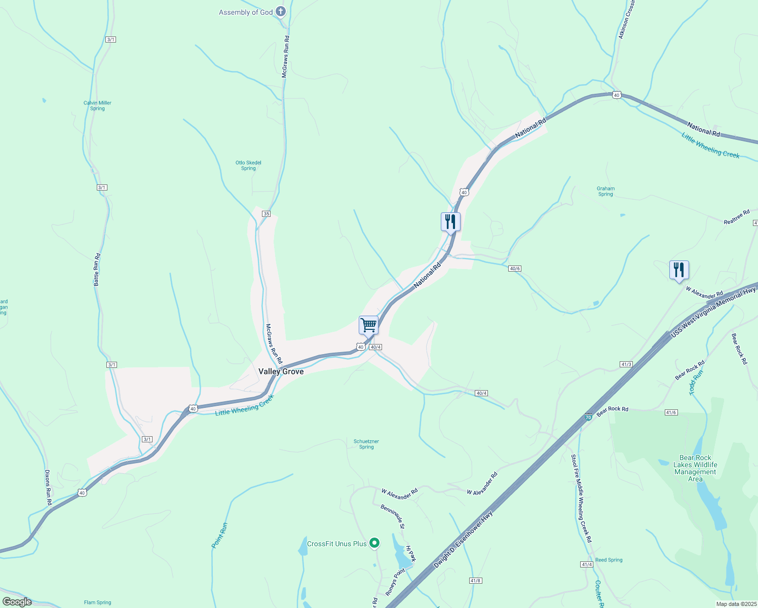 map of restaurants, bars, coffee shops, grocery stores, and more near 11939 National Road in Valley Grove