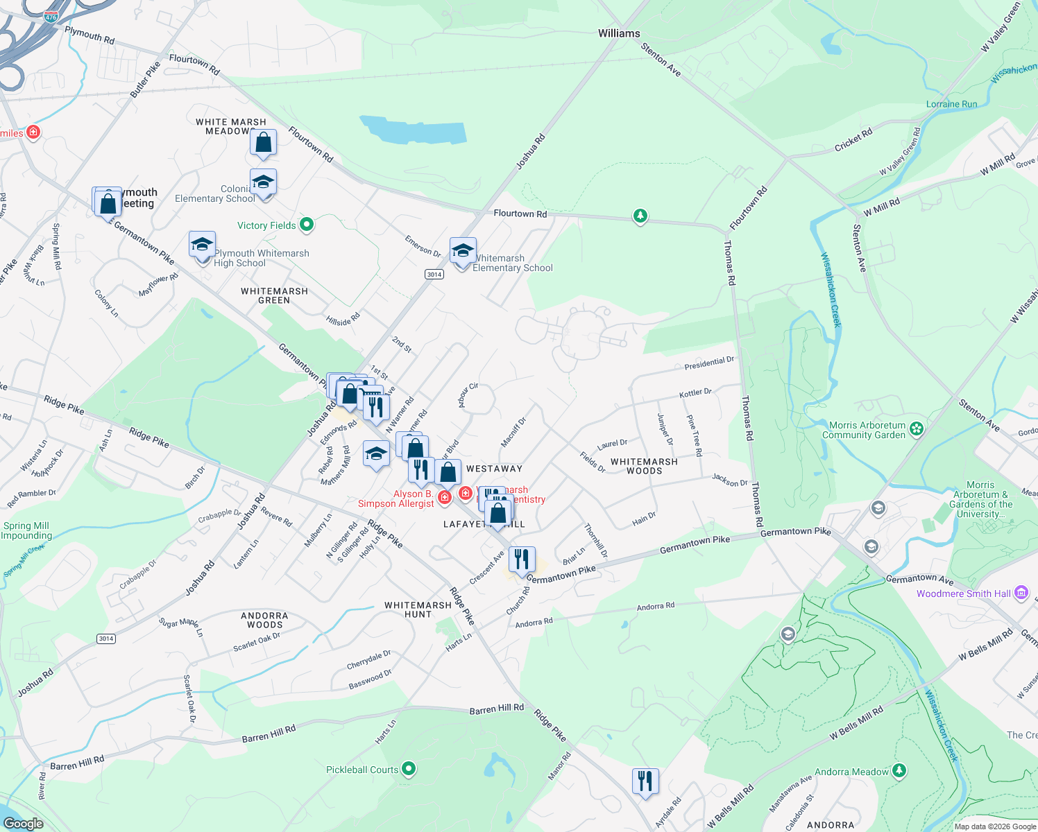 map of restaurants, bars, coffee shops, grocery stores, and more near 4042 Macniff Dr in Lafayette Hill