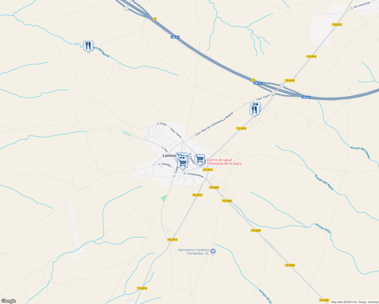 map of restaurants, bars, coffee shops, grocery stores, and more near 31 Calle Cedillo in Lominchar