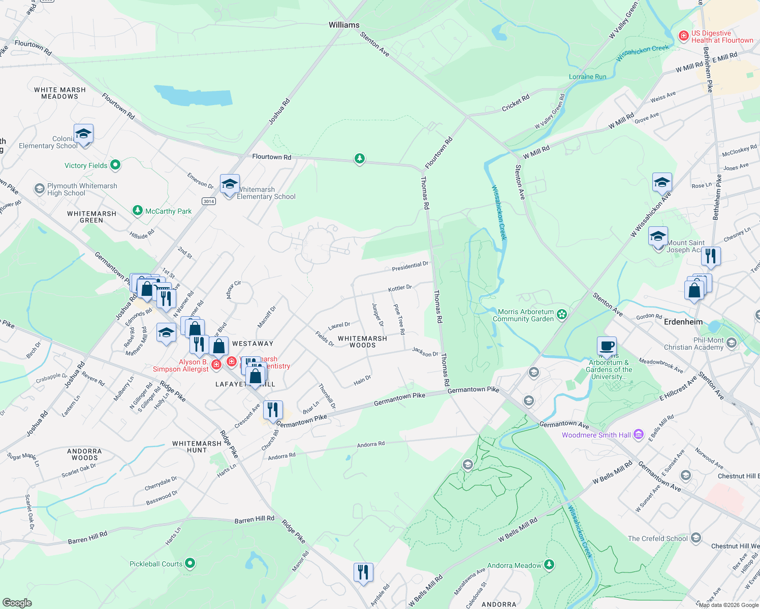 map of restaurants, bars, coffee shops, grocery stores, and more near 823 Juniper Dr in Lafayette Hill