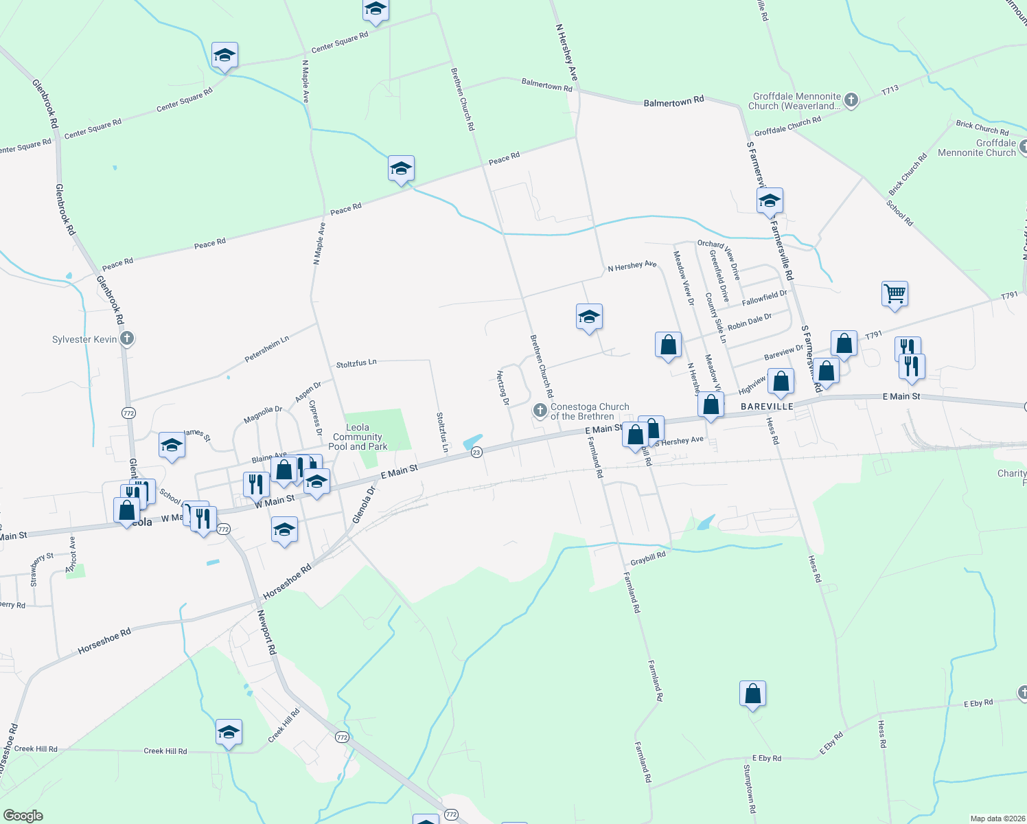 map of restaurants, bars, coffee shops, grocery stores, and more near 19 Hertzog Dr in Leacock-Leola-Bareville