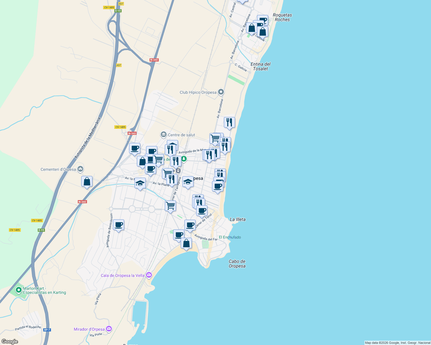 map of restaurants, bars, coffee shops, grocery stores, and more near 4 Carrer de Conca in Orpesa