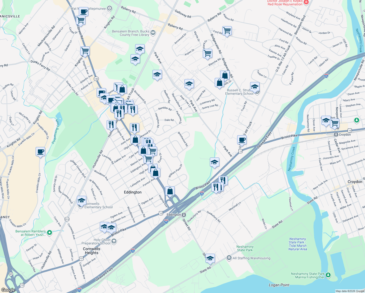 map of restaurants, bars, coffee shops, grocery stores, and more near 1069 Essex Drive in Bensalem