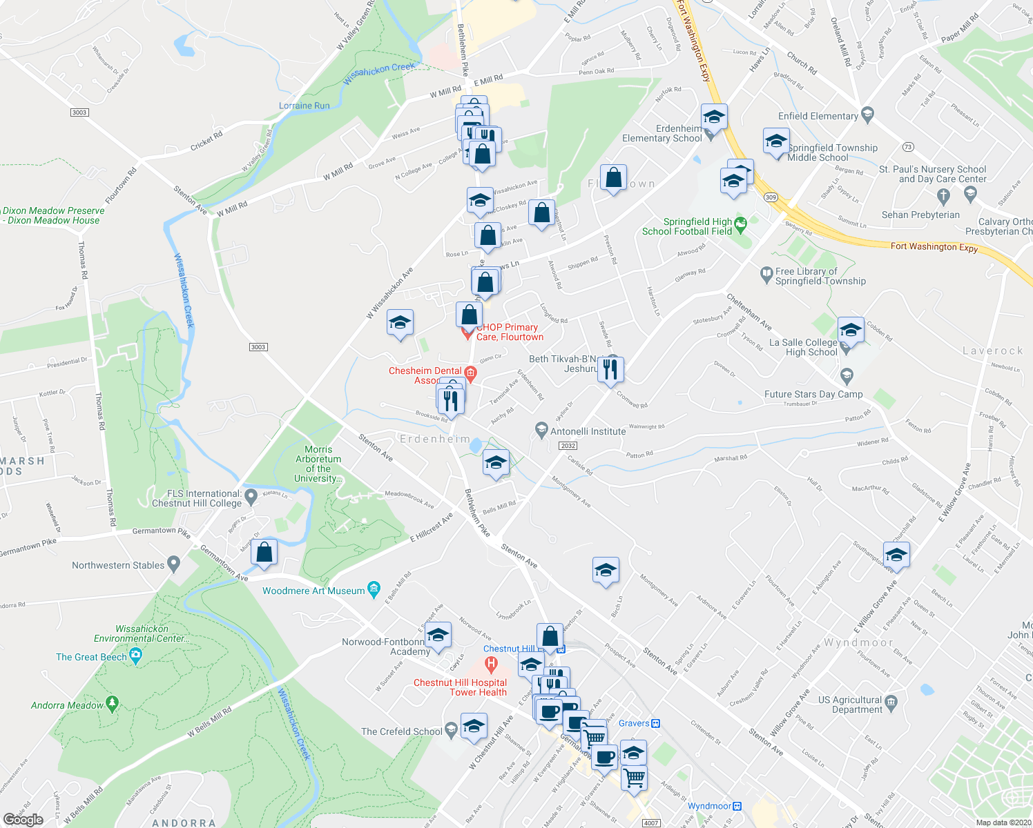 map of restaurants, bars, coffee shops, grocery stores, and more near 18 Auchy Road in Erdenheim