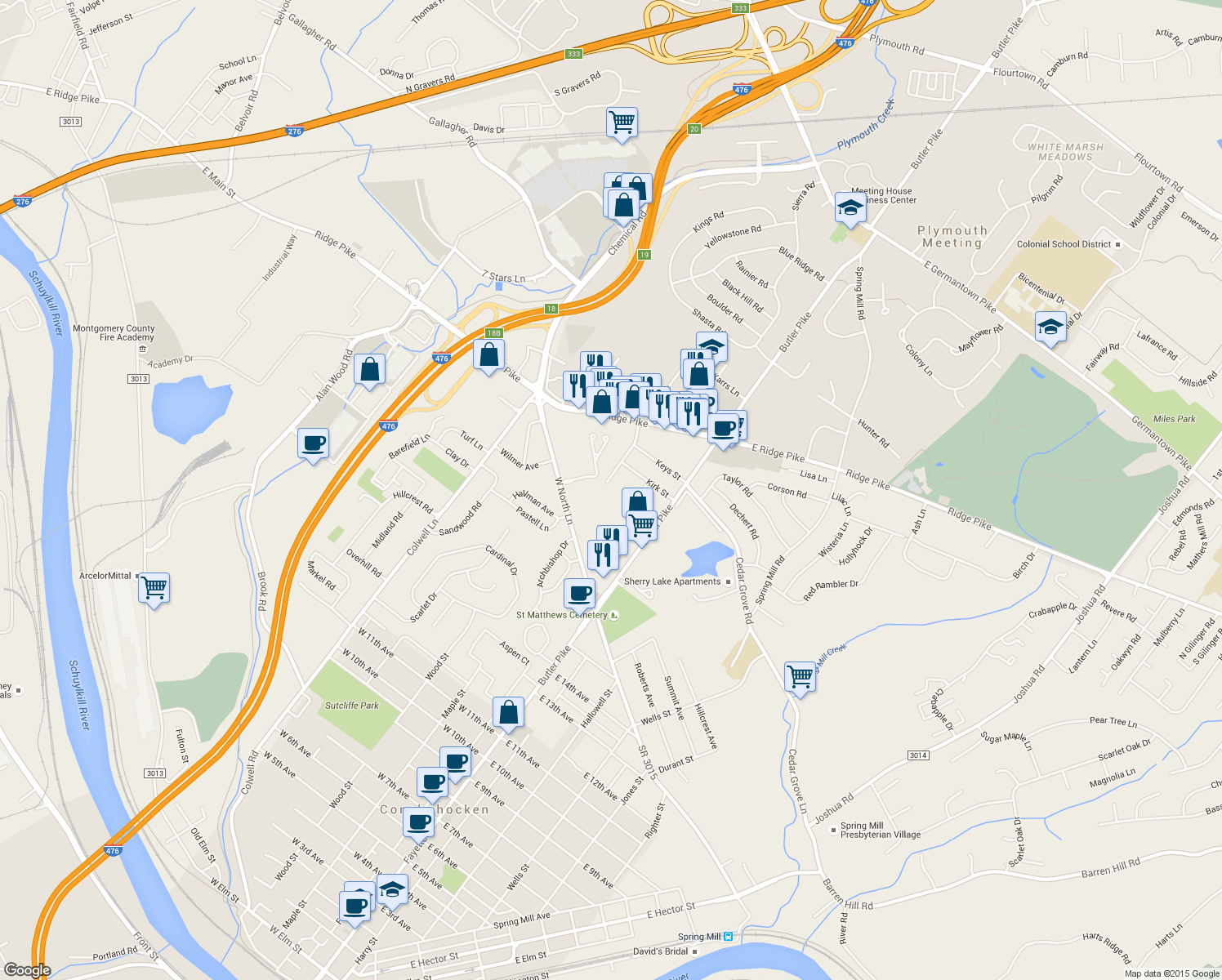 map of restaurants, bars, coffee shops, grocery stores, and more near 1701 Harmon Rd in Conshohocken