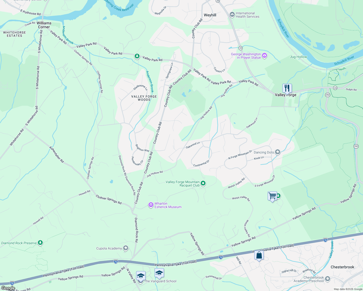 map of restaurants, bars, coffee shops, grocery stores, and more near 165 Jug Hollow Road in Phoenixville